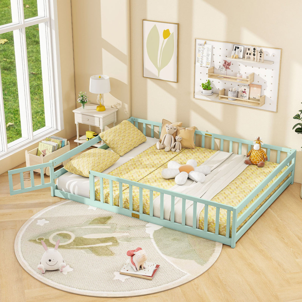 Queen Size Floor Bed Kids Montessori Bed Frame with Full Length Safety Guardrails-Simple Bed Frame-DECOROLALA