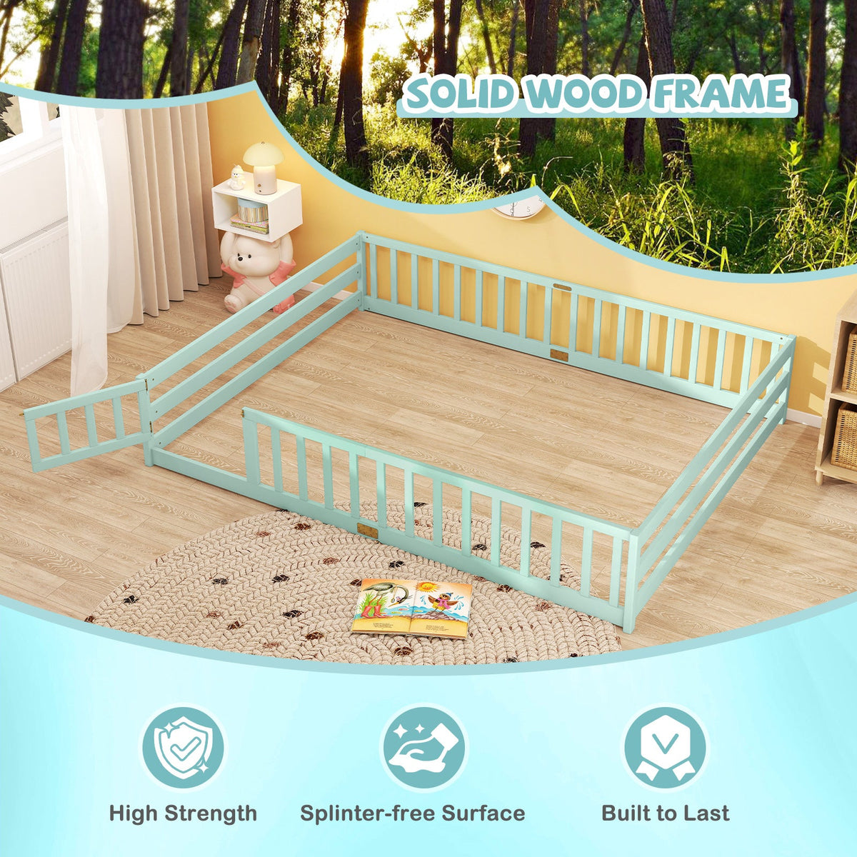 Queen Size Floor Bed Kids Montessori Bed Frame with Full Length Safety Guardrails-Simple Bed Frame-DECOROLALA