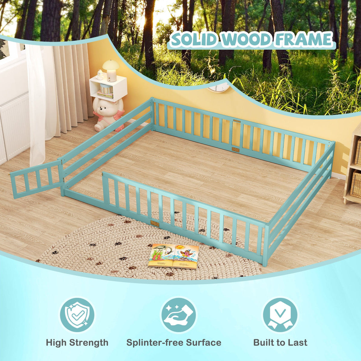 Queen Size Floor Bed Kids Montessori Bed Frame with Full Length Safety Guardrails-Simple Bed Frame-DECOROLALA