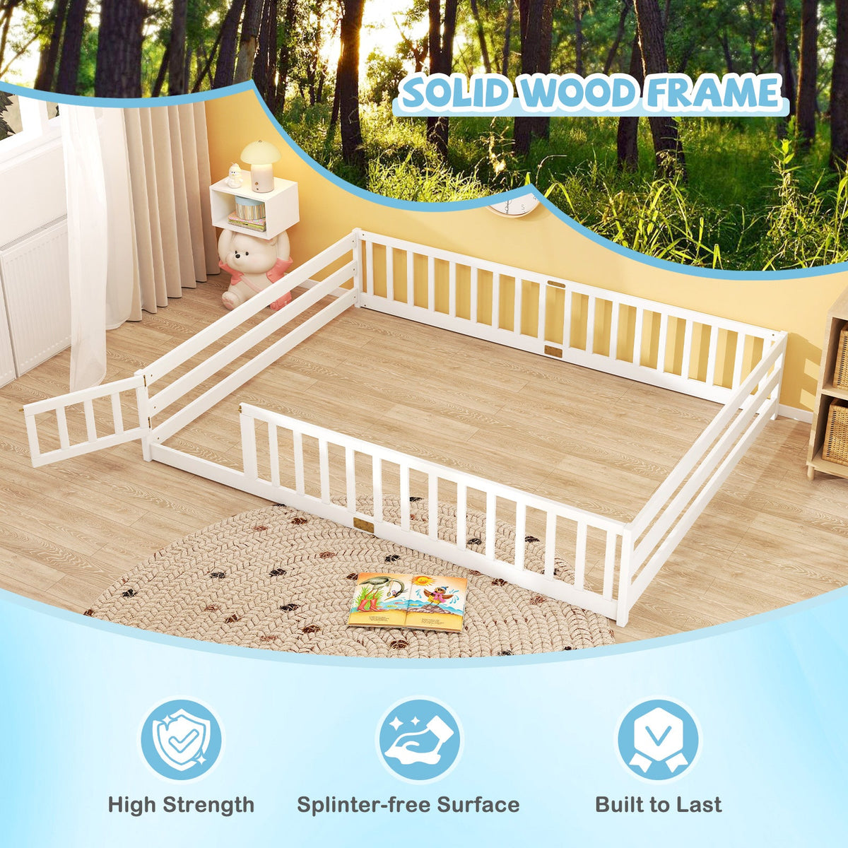 Queen Size Floor Bed Kids Montessori Bed Frame with Full Length Safety Guardrails-Simple Bed Frame-DECOROLALA