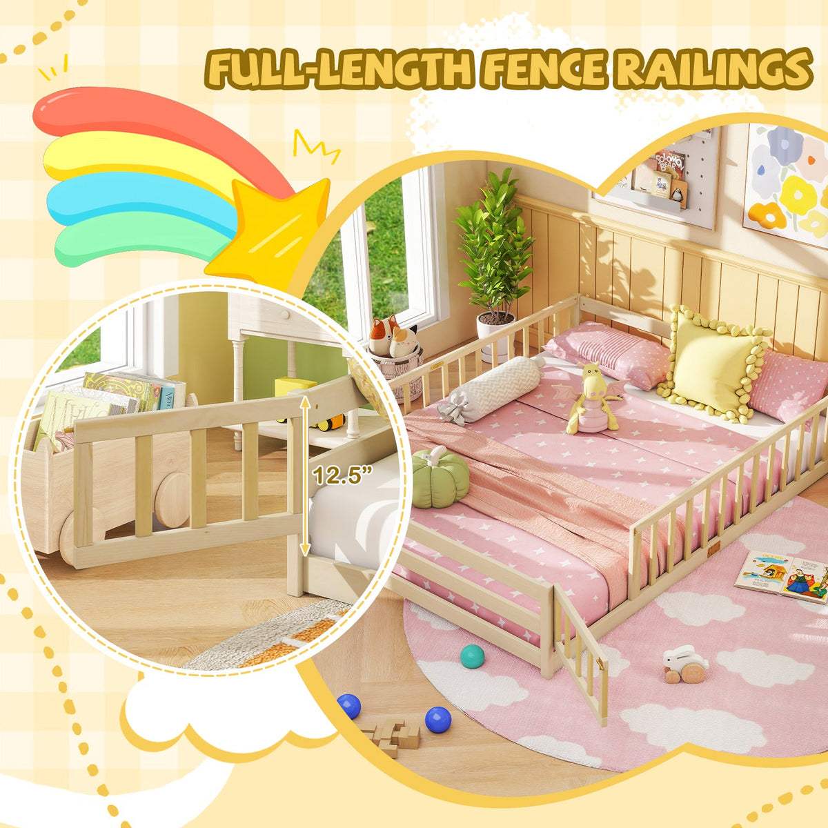 Queen Size Floor Bed Kids Montessori Bed Frame with Full Length Safety Guardrails-Simple Bed Frame-DECOROLALA