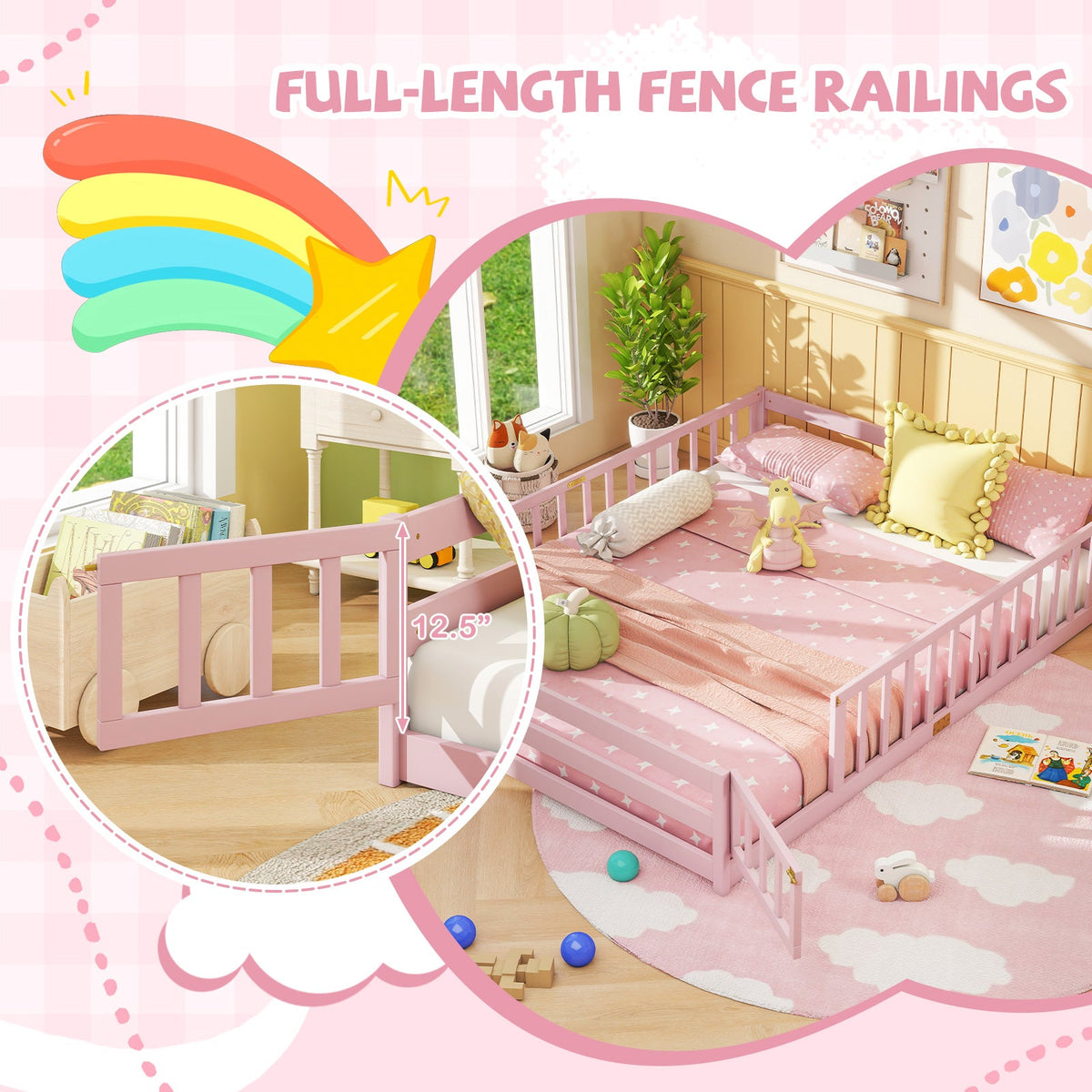 Queen Size Floor Bed Kids Montessori Bed Frame with Full Length Safety Guardrails-Simple Bed Frame-DECOROLALA