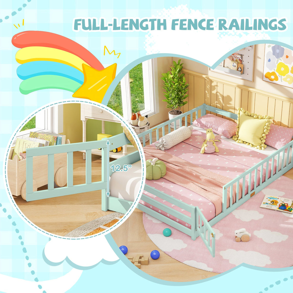 Queen Size Floor Bed Kids Montessori Bed Frame with Full Length Safety Guardrails-Simple Bed Frame-DECOROLALA