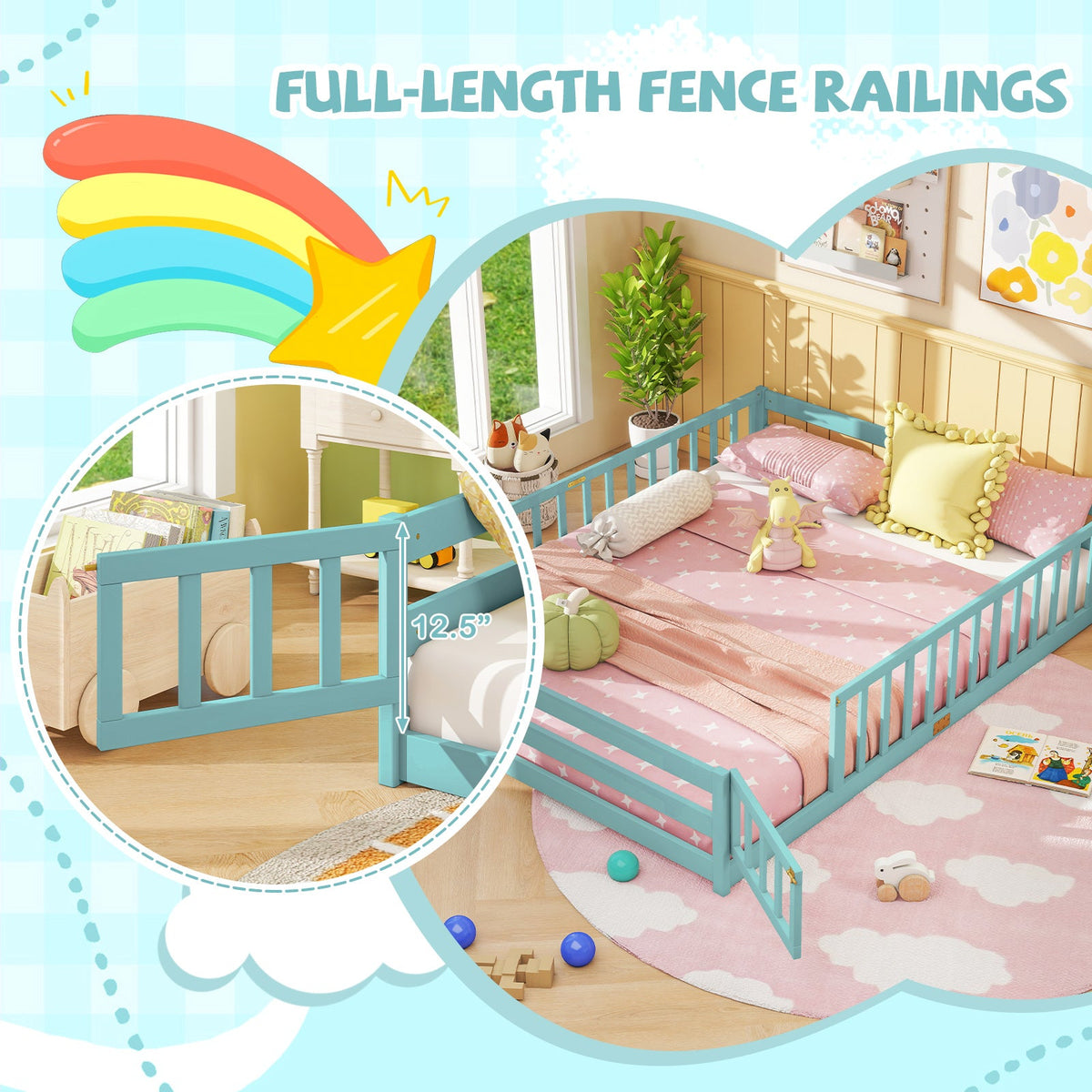 Queen Size Floor Bed Kids Montessori Bed Frame with Full Length Safety Guardrails-Simple Bed Frame-DECOROLALA