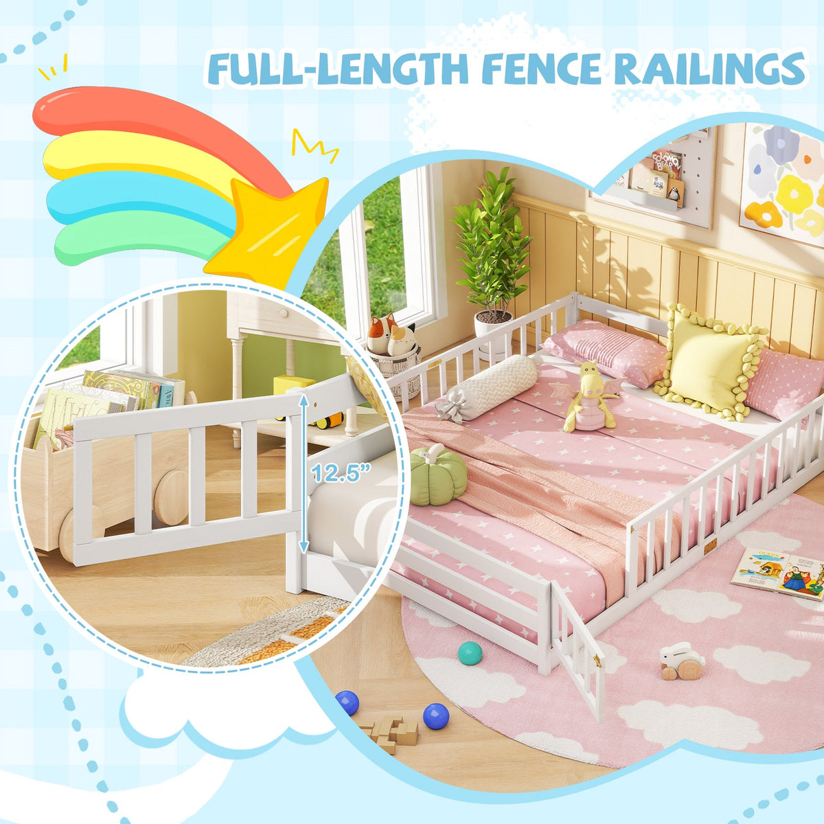 Queen Size Floor Bed Kids Montessori Bed Frame with Full Length Safety Guardrails-Simple Bed Frame-DECOROLALA