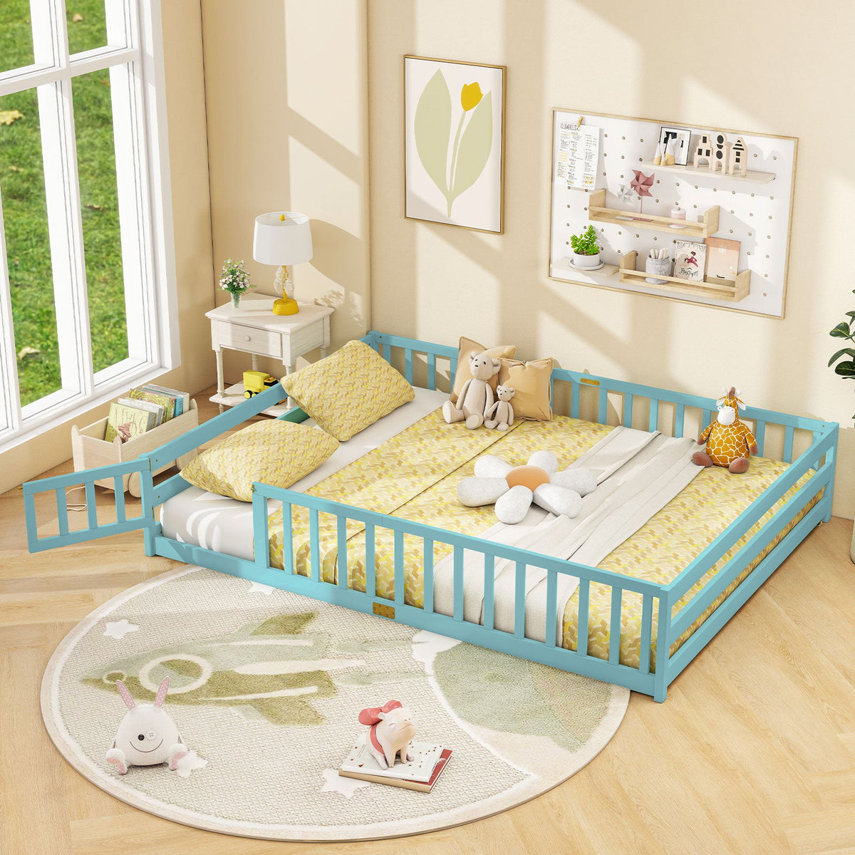 Queen Size Floor Bed Kids Montessori Bed Frame with Full Length Safety Guardrails-Simple Bed Frame-DECOROLALA