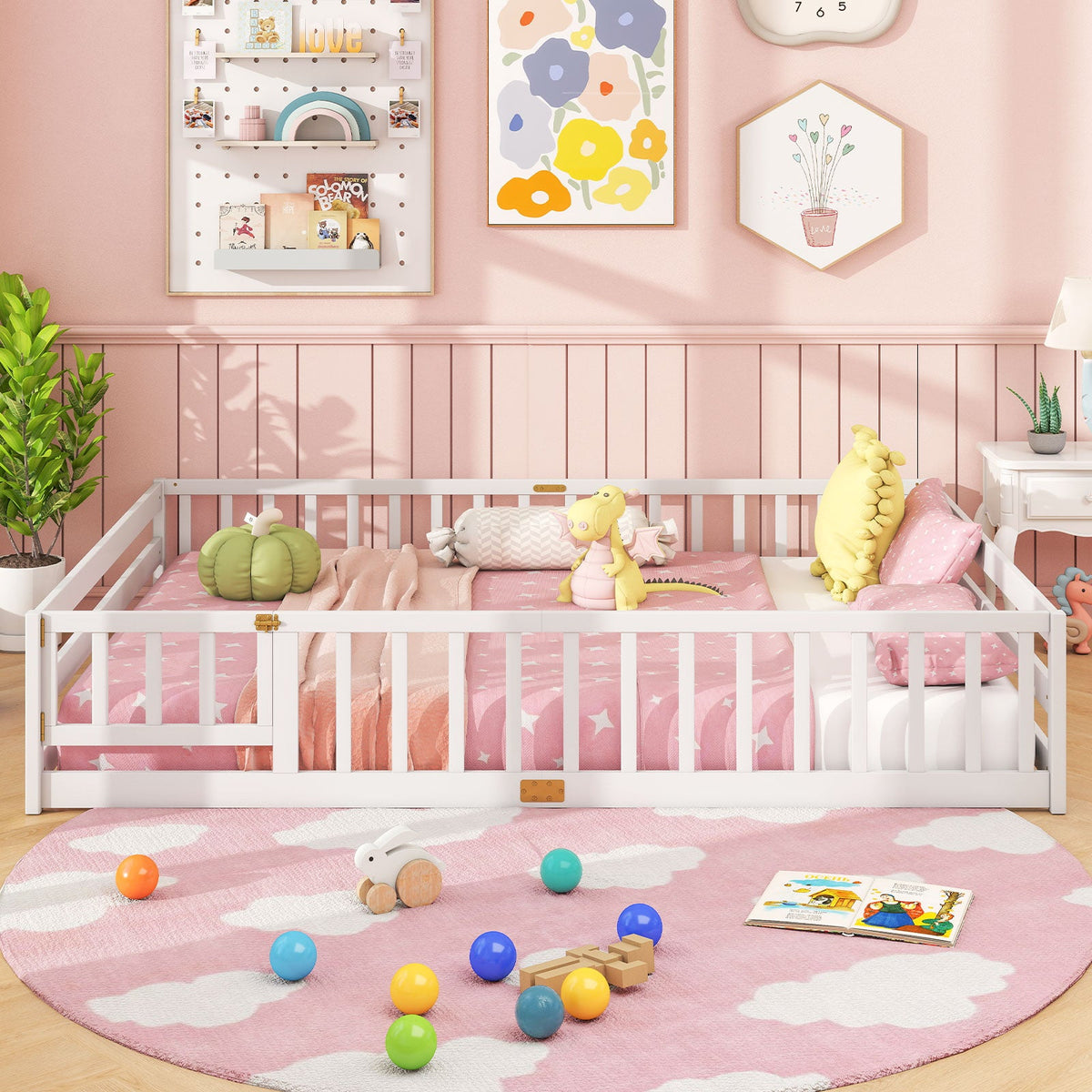 Queen Size Floor Bed Kids Montessori Bed Frame with Full Length Safety Guardrails-Simple Bed Frame-DECOROLALA
