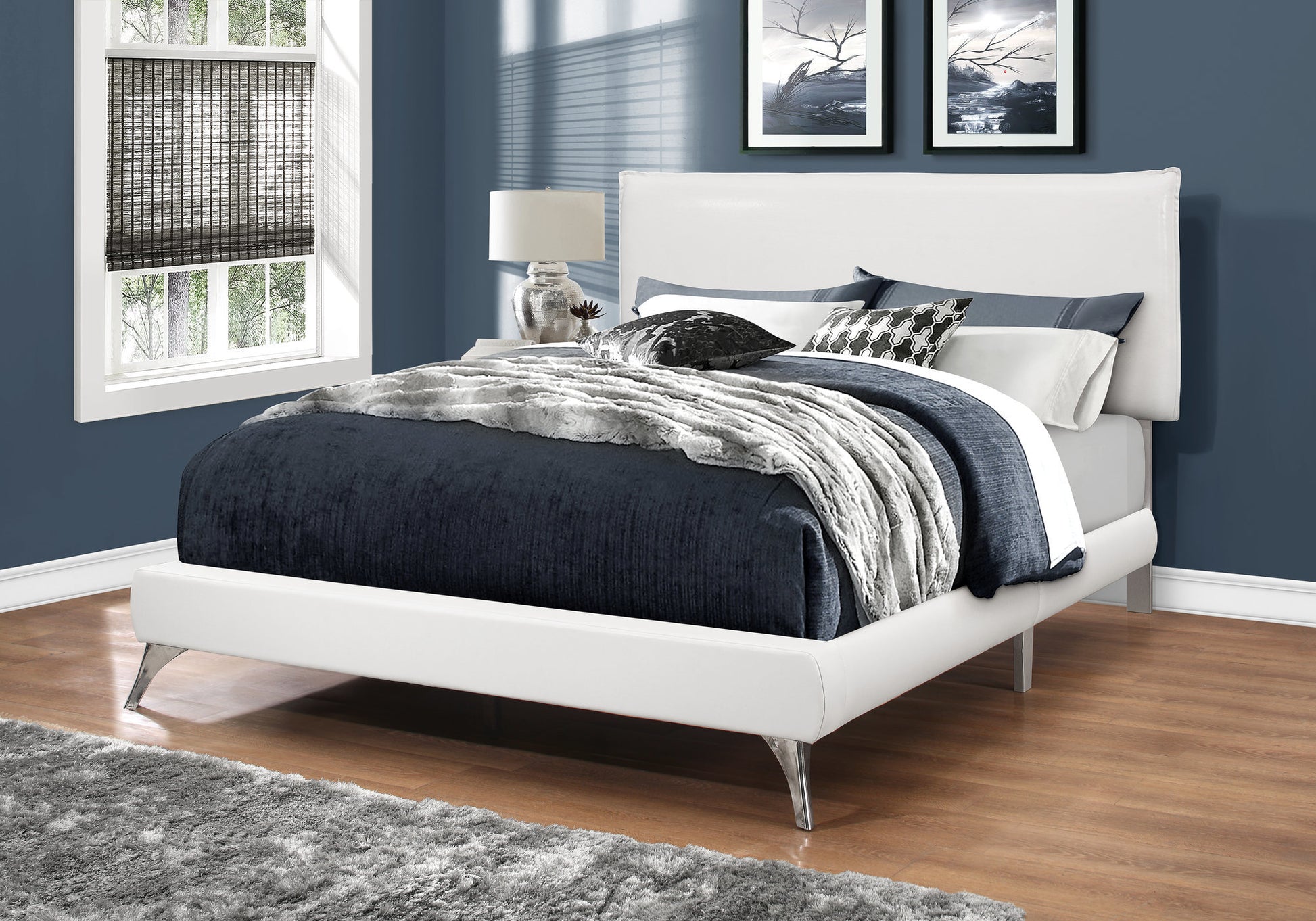 Queen Size Grey Linen Platform Bed with Chrome Legs-Bed-DECOROLALA