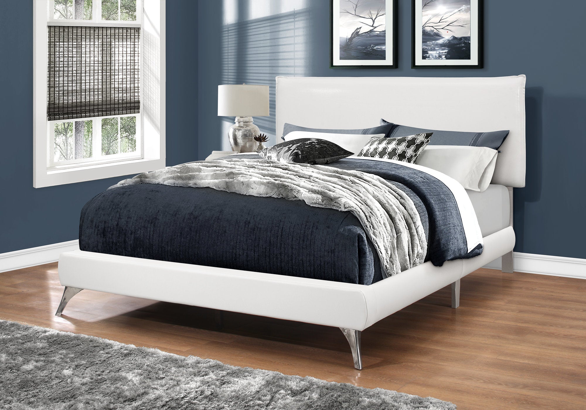 Queen Size Grey Linen Platform Bed with Chrome Legs-Bed-DECOROLALA
