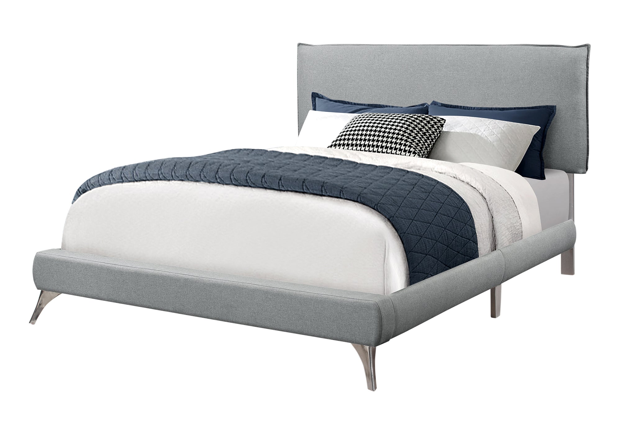 Queen Size Grey Linen Platform Bed with Chrome Legs-Bed-DECOROLALA