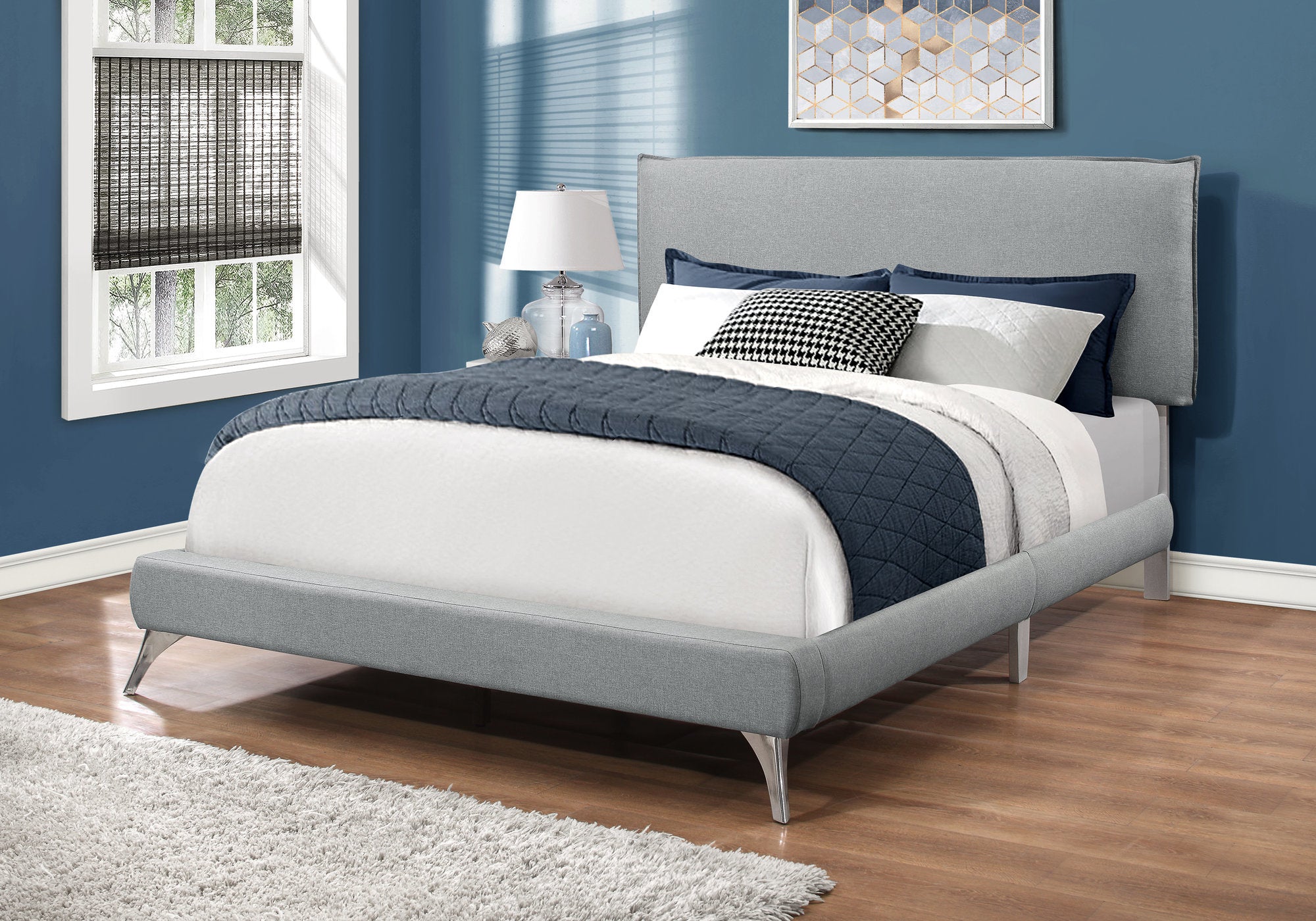 Queen Size Grey Linen Platform Bed with Chrome Legs-Bed-DECOROLALA