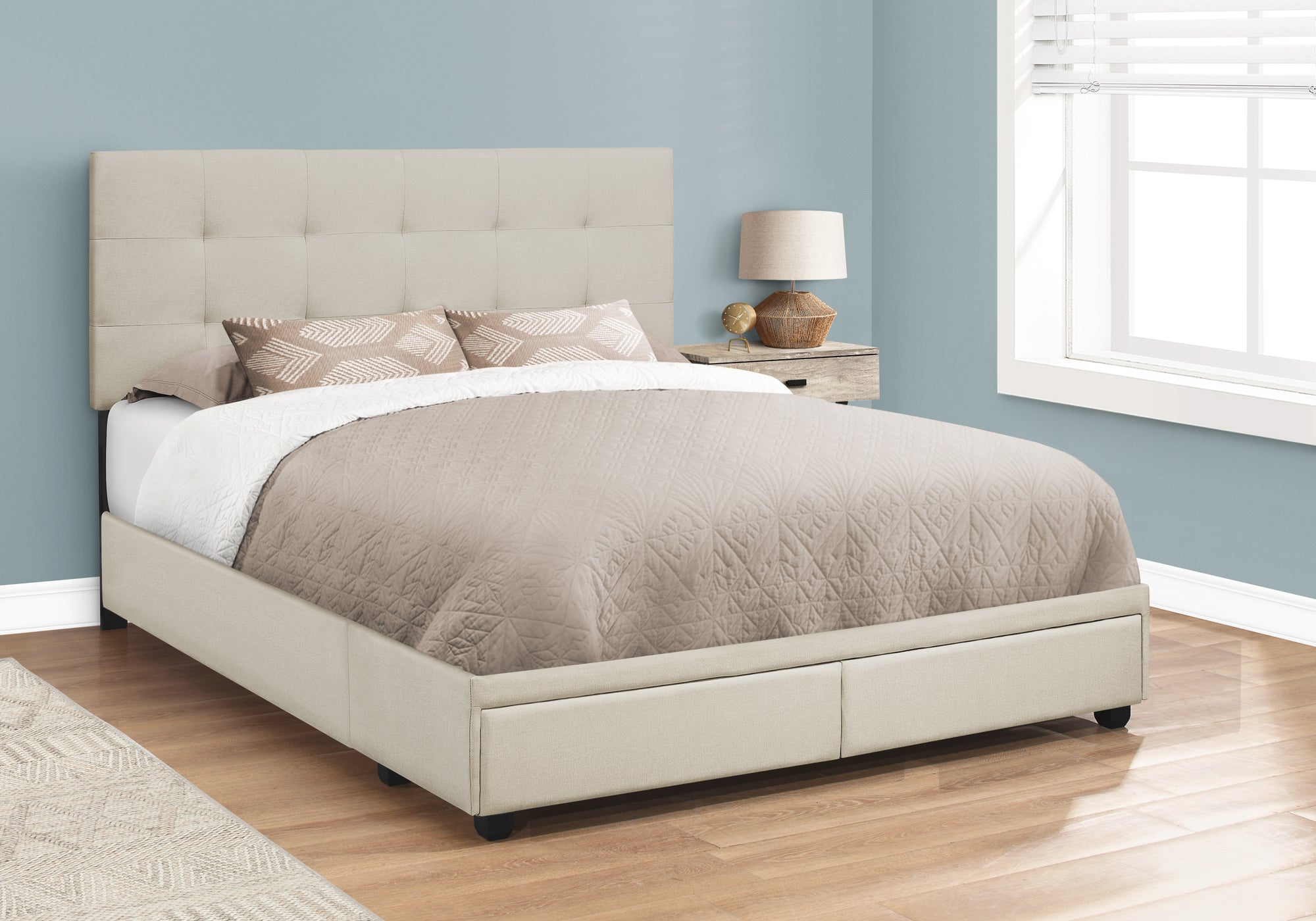 Queen Size Grey Linen Platform Bed with Storage Drawers-Bed-DECOROLALA