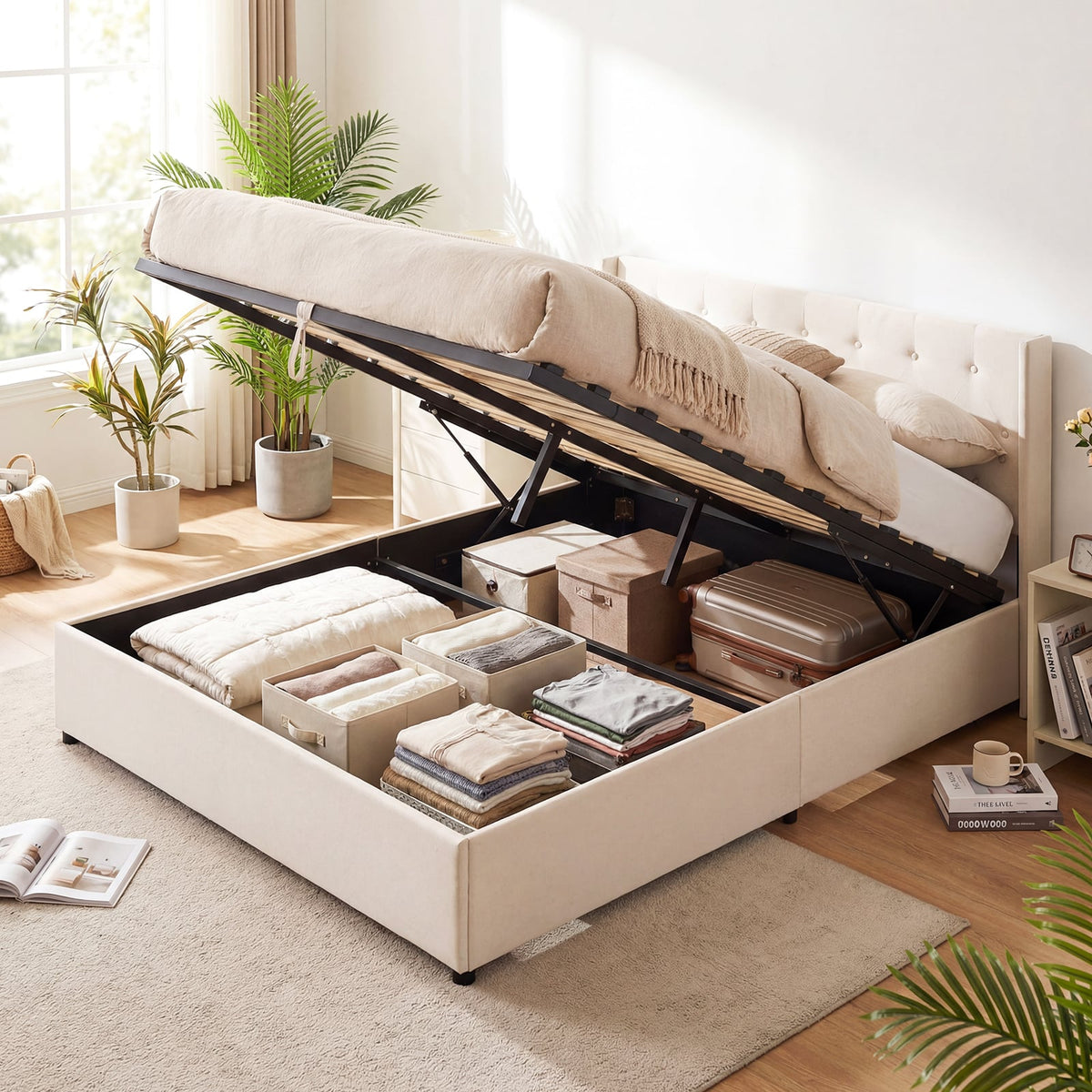 Queen Size Lift-up Storage Bed Modern Linen Upholstered Platform Bed-Beige-Simple Bed Frame-DECOROLALA