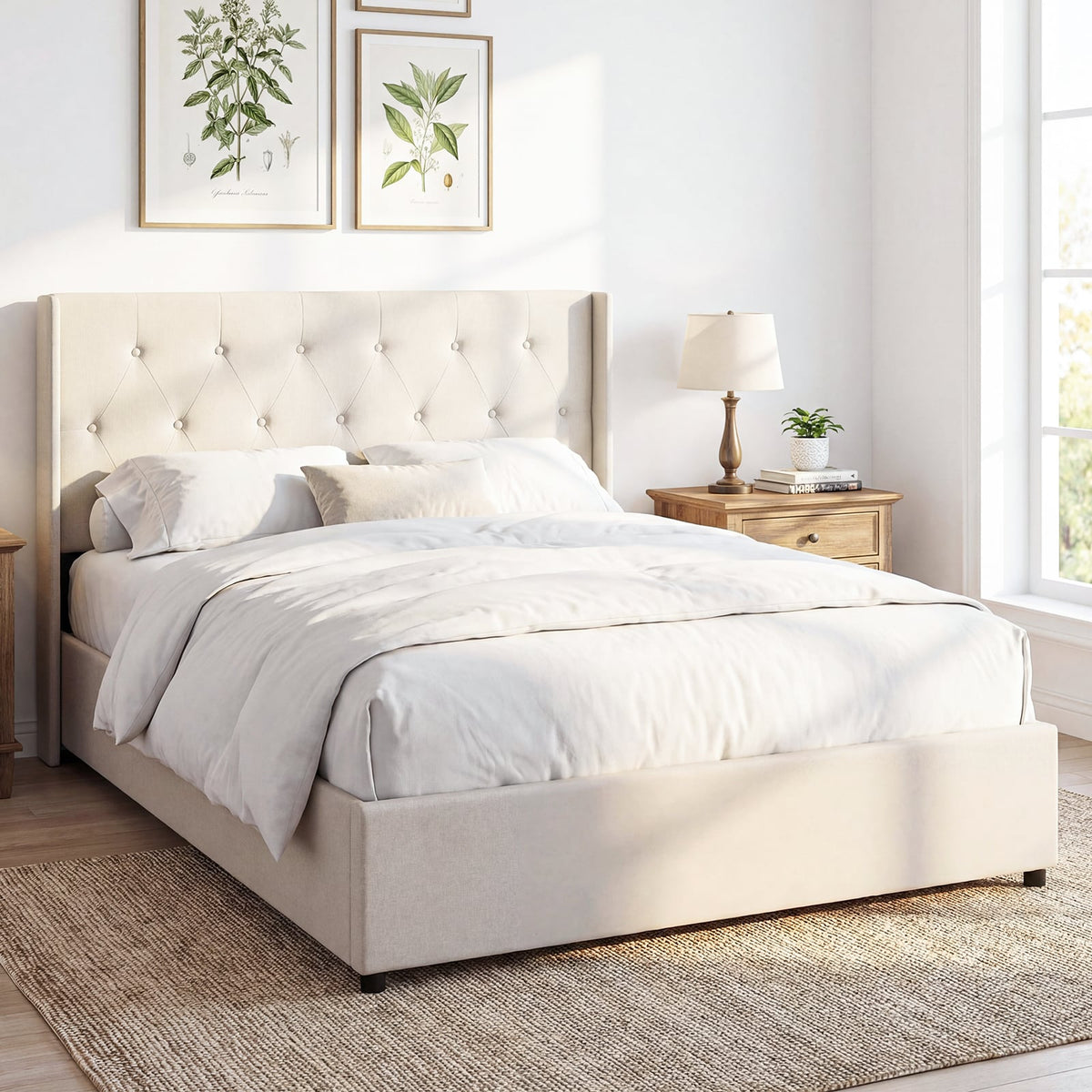 Queen Size Lift-up Storage Bed Modern Linen Upholstered Platform Bed-Beige-Simple Bed Frame-DECOROLALA
