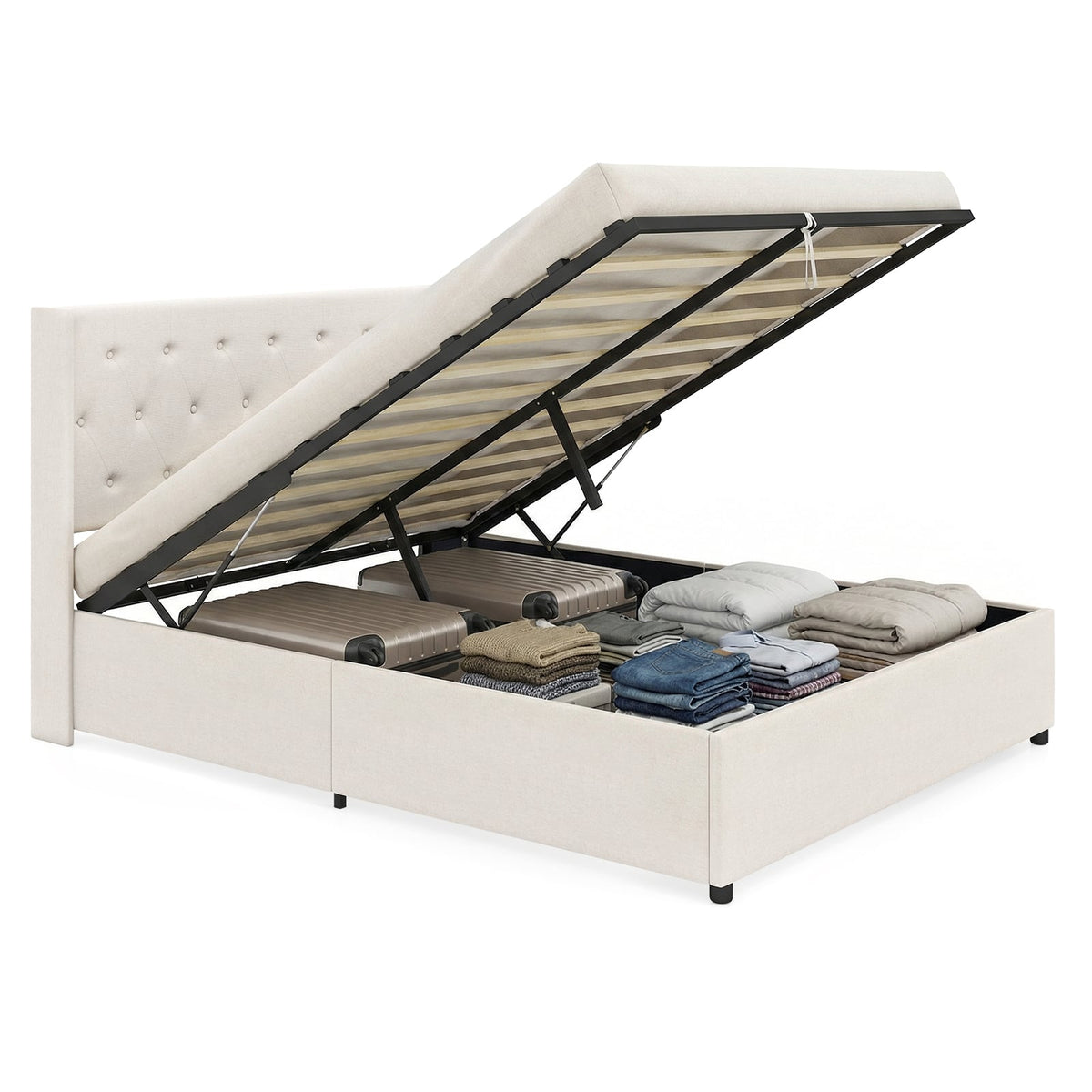 Queen Size Lift-up Storage Bed Modern Linen Upholstered Platform Bed-Beige-Simple Bed Frame-DECOROLALA