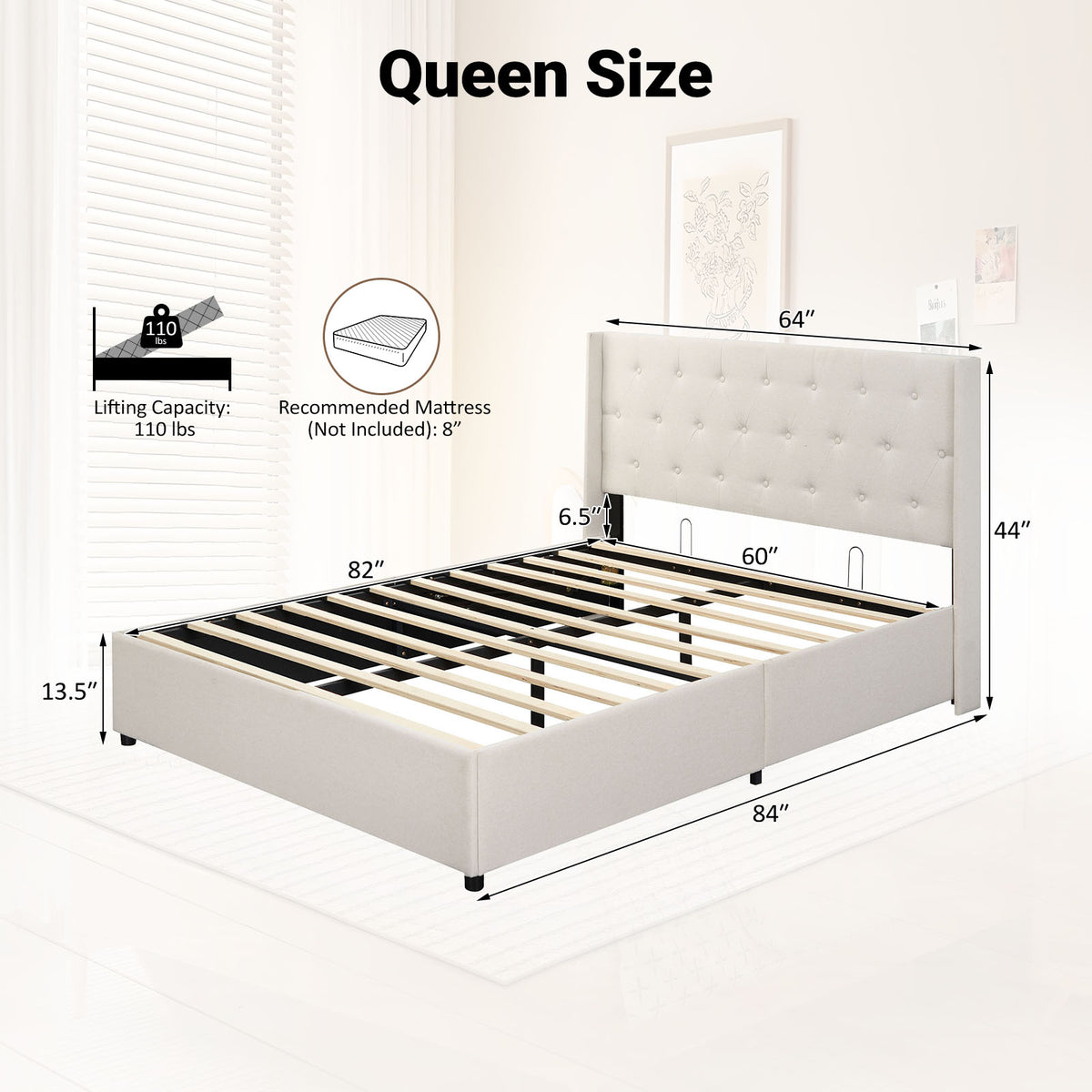 Queen Size Lift-up Storage Bed Modern Linen Upholstered Platform Bed-Beige-Simple Bed Frame-DECOROLALA