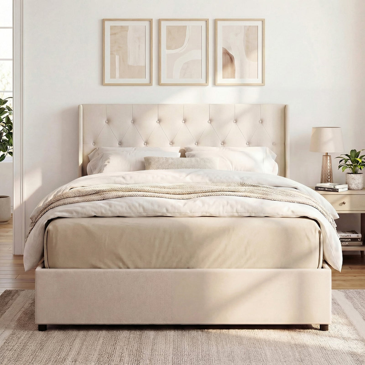Queen Size Lift-up Storage Bed Modern Linen Upholstered Platform Bed-Beige-Simple Bed Frame-DECOROLALA