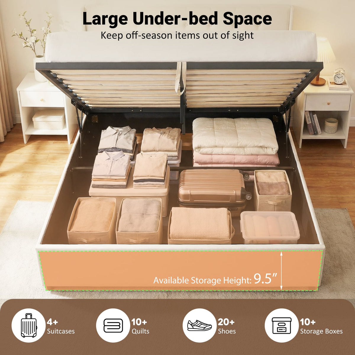 Queen Size Lift-up Storage Bed Modern Linen Upholstered Platform Bed-Beige-Simple Bed Frame-DECOROLALA