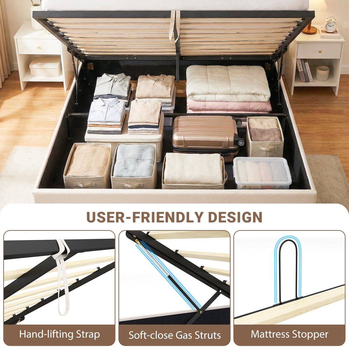 Queen Size Lift-up Storage Bed Modern Linen Upholstered Platform Bed-Beige-Simple Bed Frame-DECOROLALA