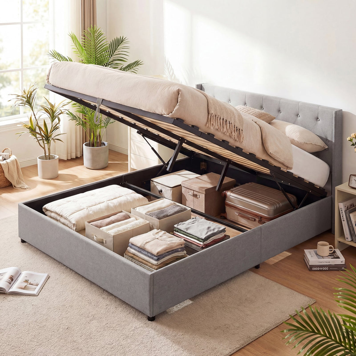 Queen Size Lift-up Storage Bed Modern Linen Upholstered Platform Bed-Gray-Simple Bed Frame-DECOROLALA