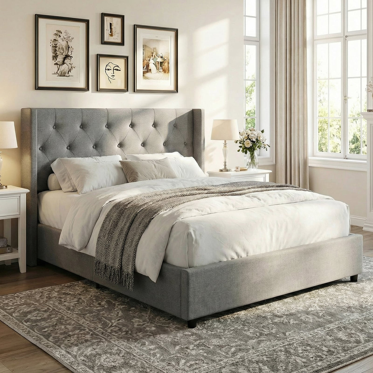 Queen Size Lift-up Storage Bed Modern Linen Upholstered Platform Bed-Gray-Simple Bed Frame-DECOROLALA