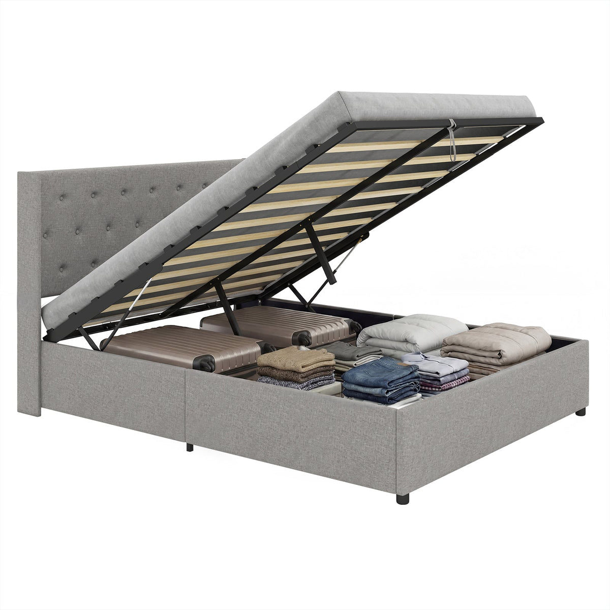 Queen Size Lift-up Storage Bed Modern Linen Upholstered Platform Bed-Gray-Simple Bed Frame-DECOROLALA
