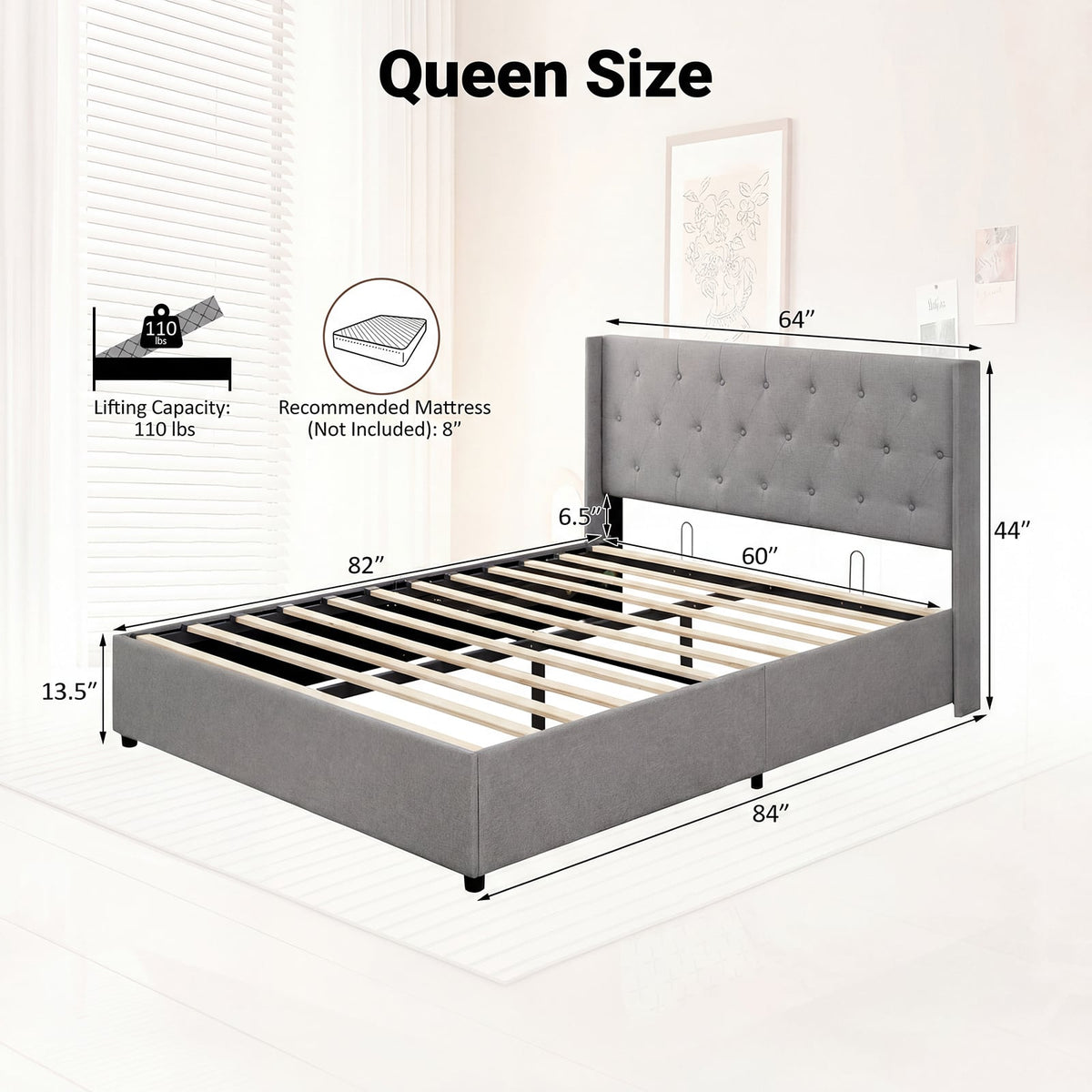 Queen Size Lift-up Storage Bed Modern Linen Upholstered Platform Bed-Gray-Simple Bed Frame-DECOROLALA