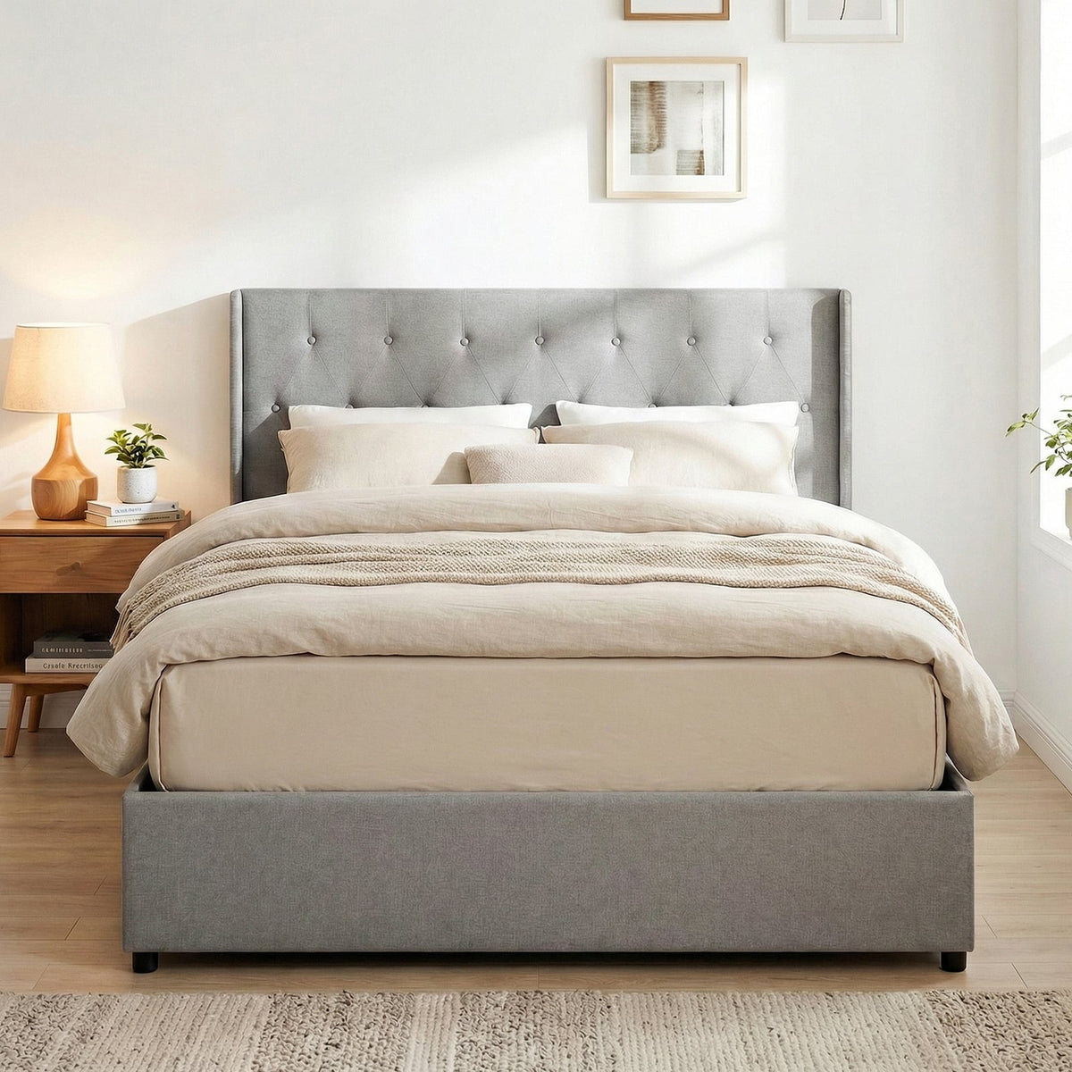 Queen Size Lift-up Storage Bed Modern Linen Upholstered Platform Bed-Gray-Simple Bed Frame-DECOROLALA