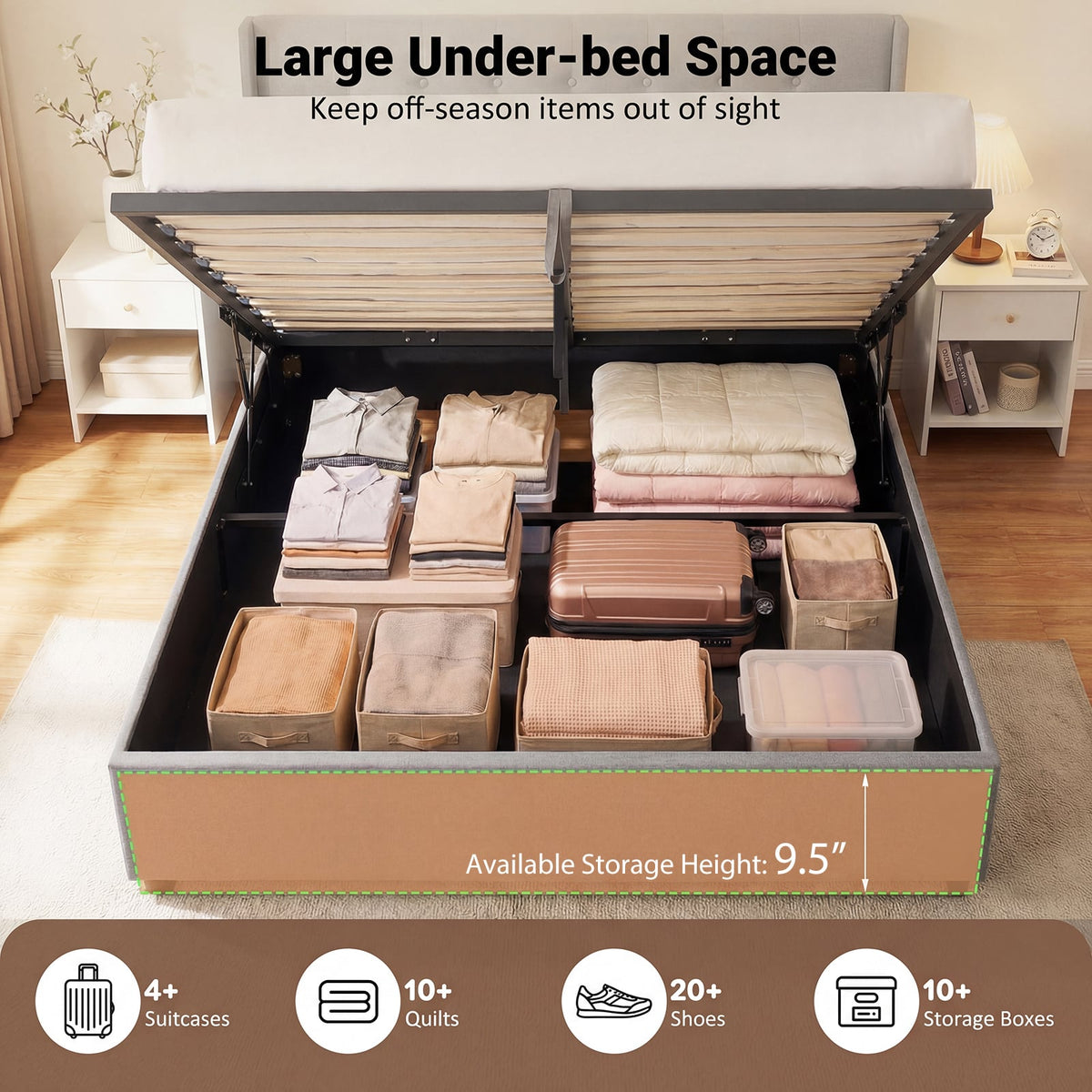 Queen Size Lift-up Storage Bed Modern Linen Upholstered Platform Bed-Gray-Simple Bed Frame-DECOROLALA
