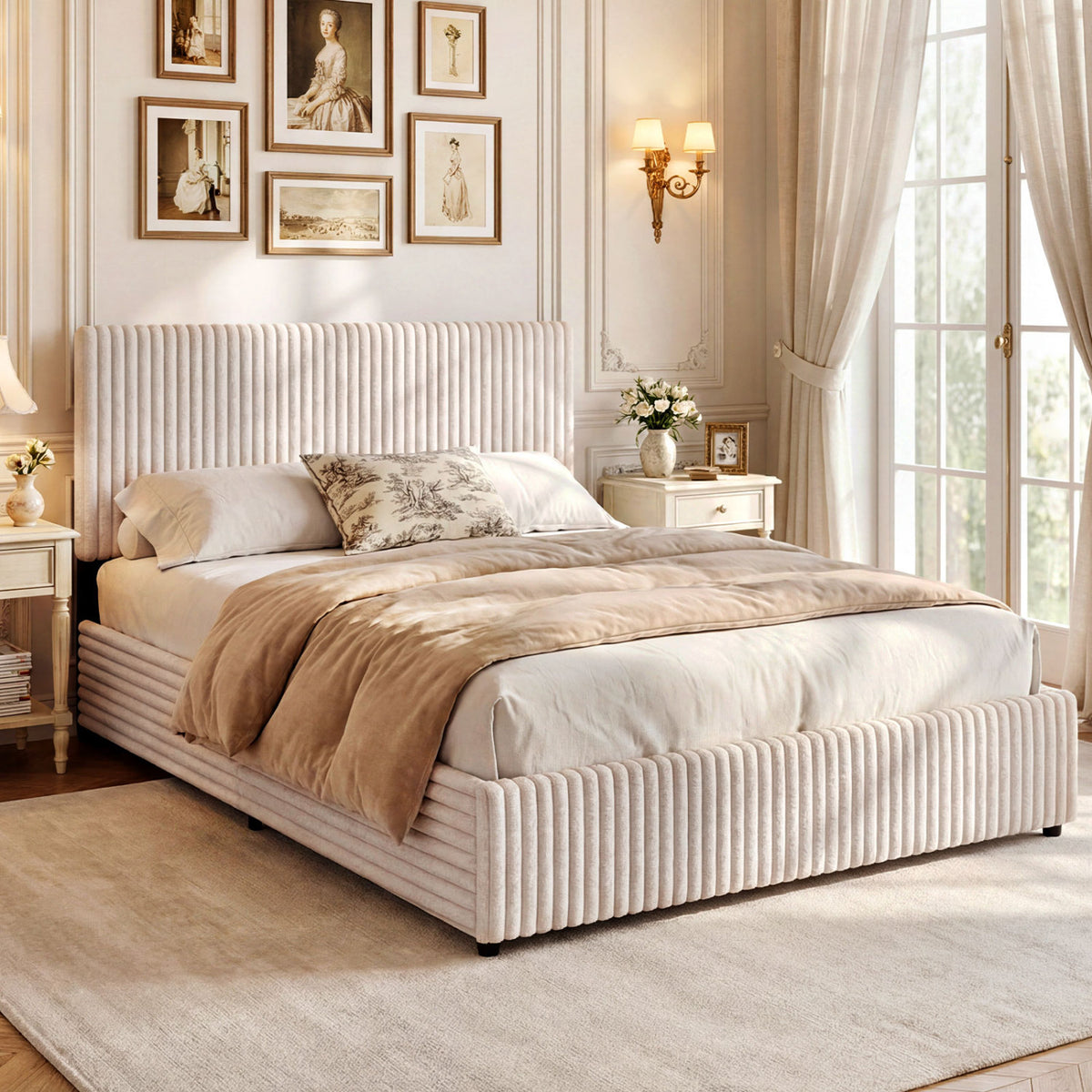Queen Size Lift-up Storage Bed with Wooden Slat Support-Beige-Simple Bed Frame-DECOROLALA