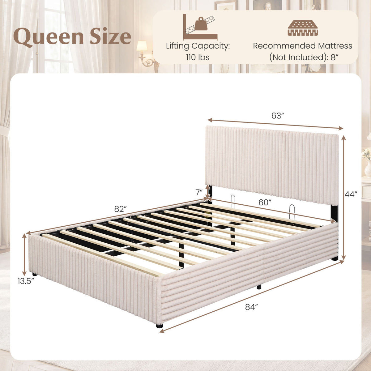 Queen Size Lift-up Storage Bed with Wooden Slat Support-Beige-Simple Bed Frame-DECOROLALA