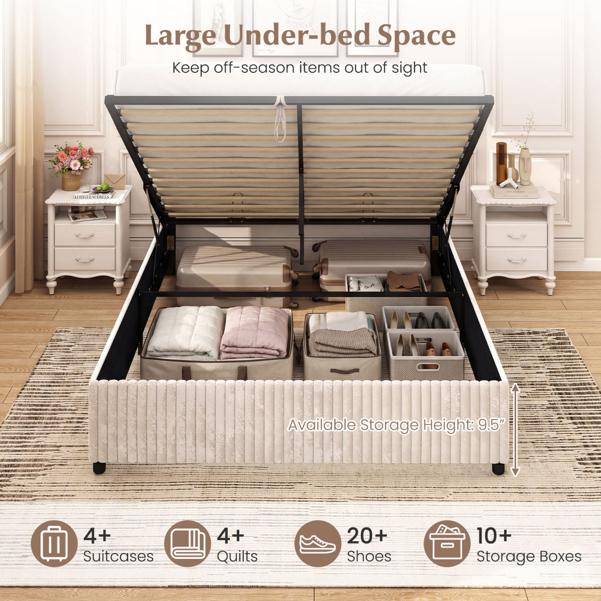 Queen Size Lift-up Storage Bed with Wooden Slat Support-Beige-Simple Bed Frame-DECOROLALA