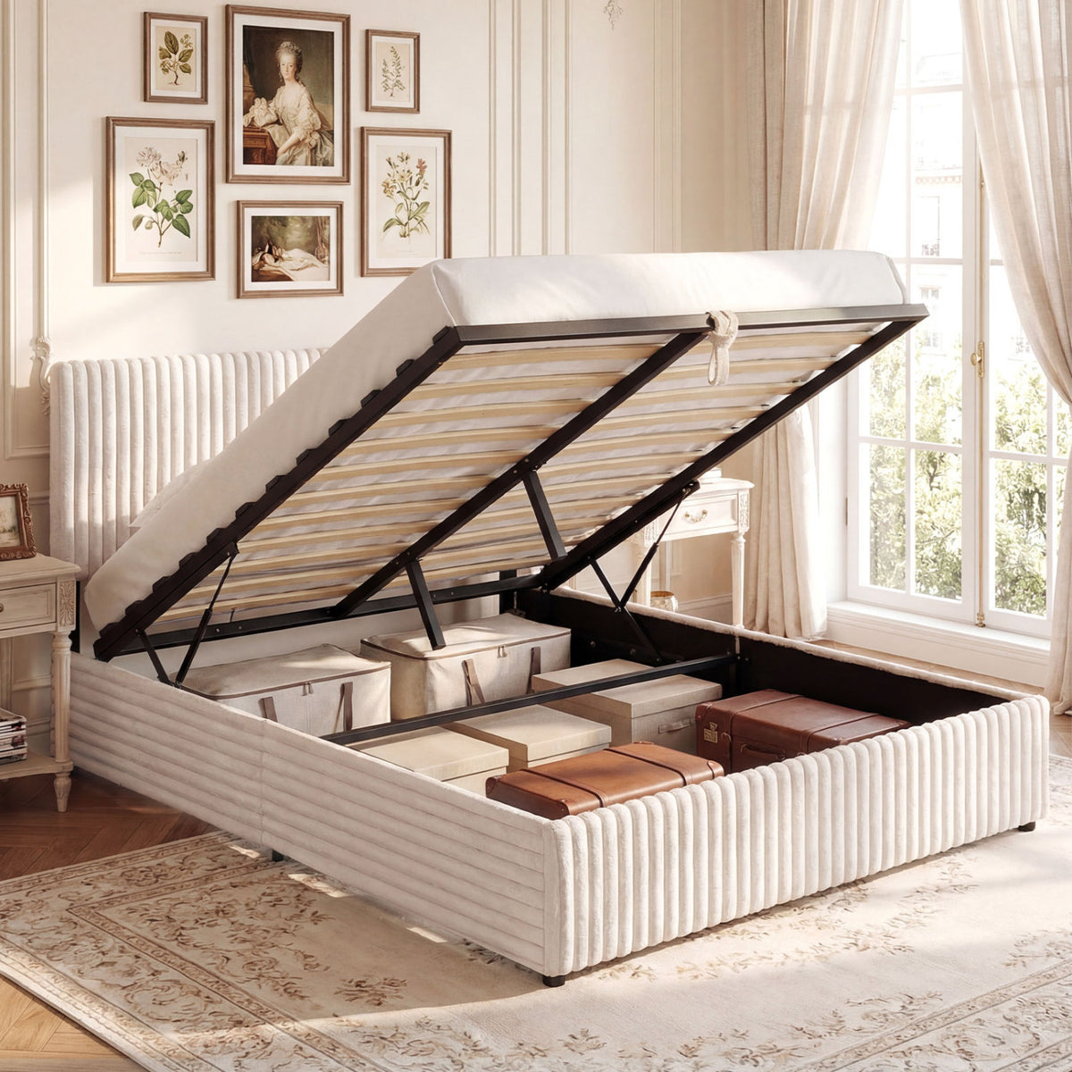 Queen Size Lift-up Storage Bed with Wooden Slat Support-Beige-Simple Bed Frame-DECOROLALA