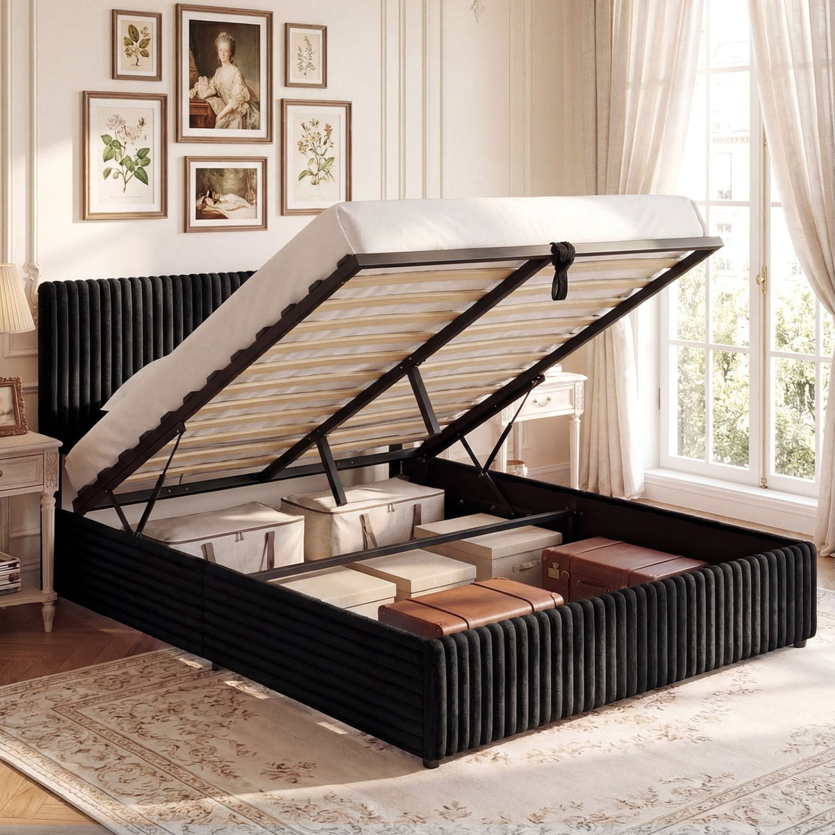 Queen Size Lift-up Storage Bed with Wooden Slat Support-Black-Simple Bed Frame-DECOROLALA