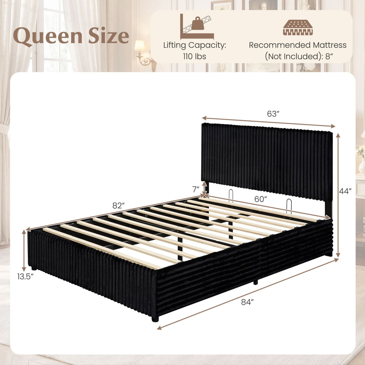 Queen Size Lift-up Storage Bed with Wooden Slat Support-Black-Simple Bed Frame-DECOROLALA