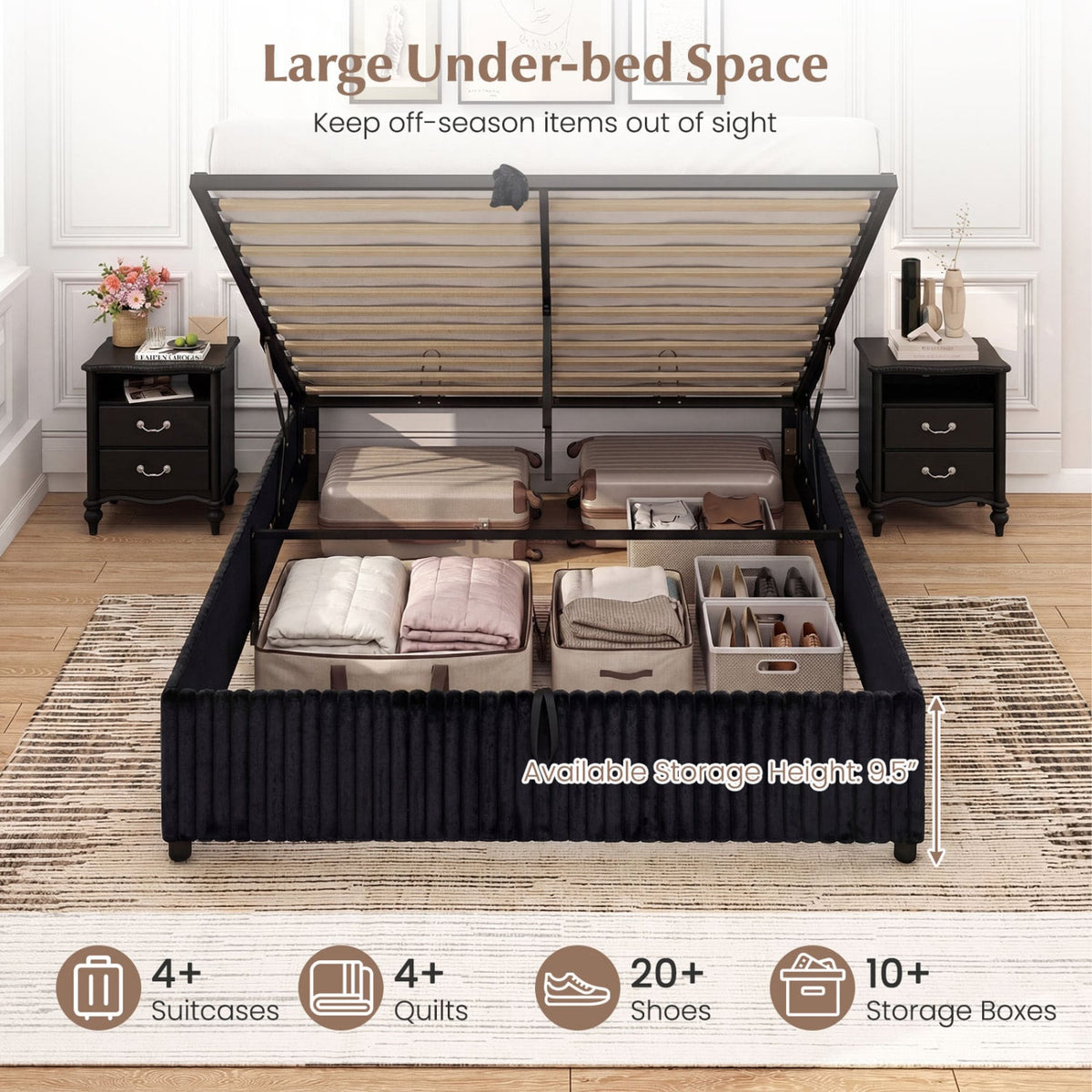 Queen Size Lift-up Storage Bed with Wooden Slat Support-Black-Simple Bed Frame-DECOROLALA