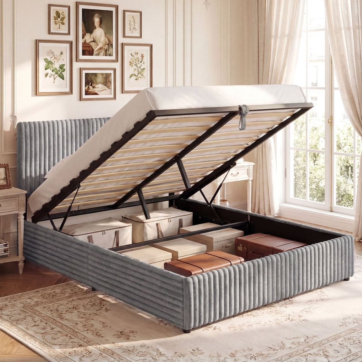 Queen Size Lift-up Storage Bed with Wooden Slat Support-Gray-Simple Bed Frame-DECOROLALA