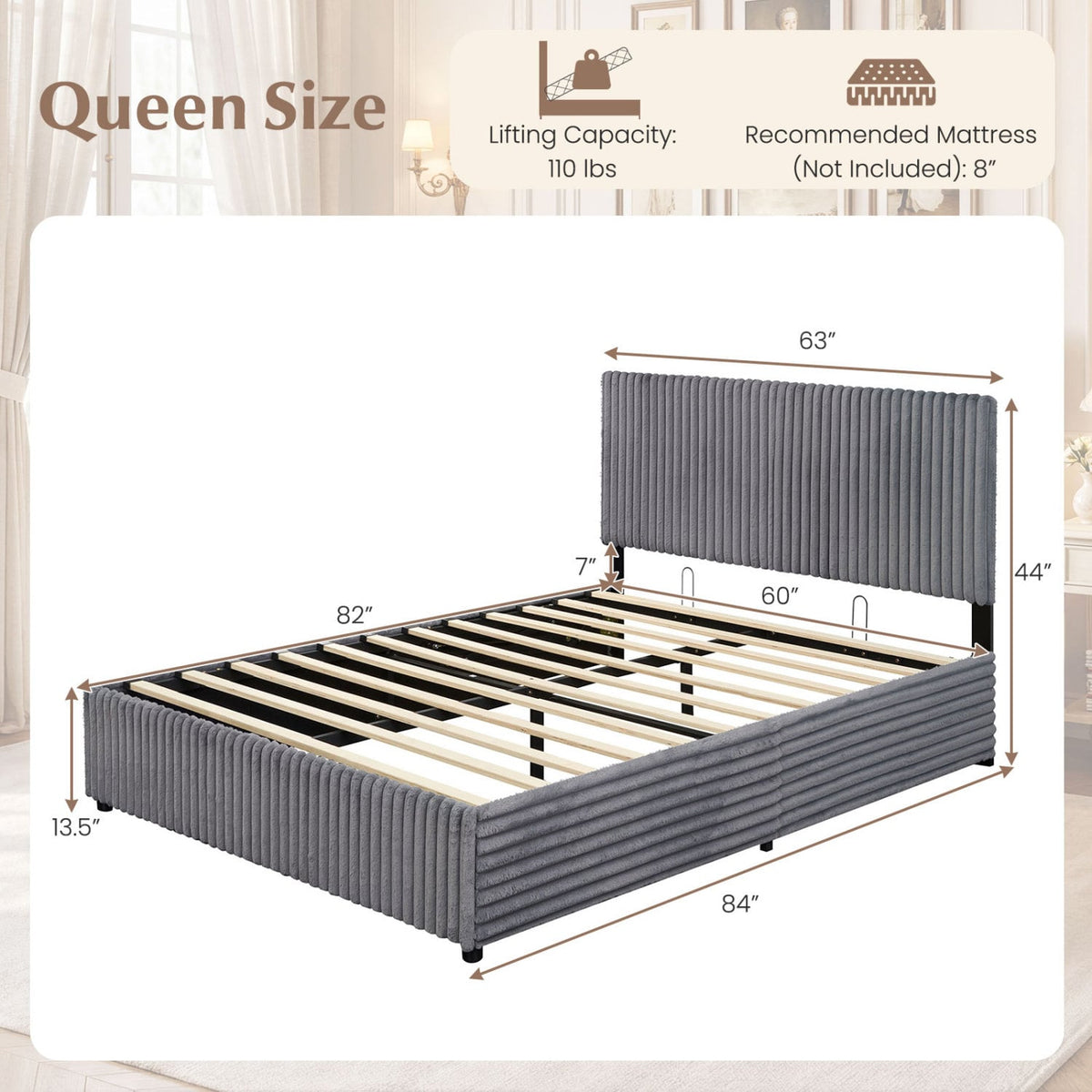 Queen Size Lift-up Storage Bed with Wooden Slat Support-Gray-Simple Bed Frame-DECOROLALA