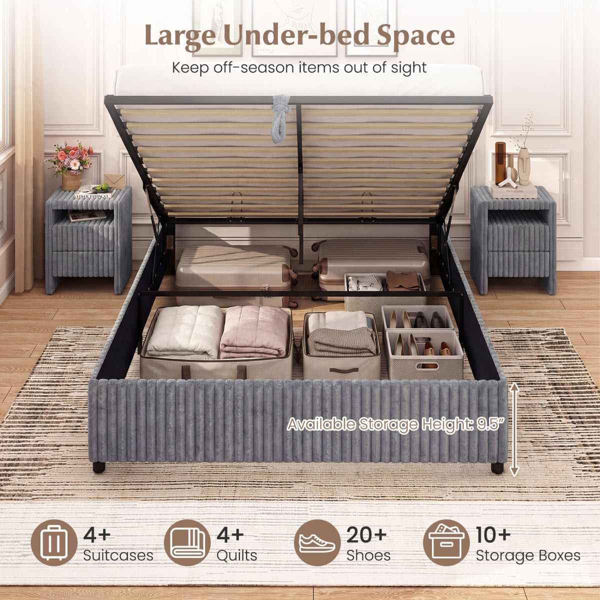 Queen Size Lift-up Storage Bed with Wooden Slat Support-Gray-Simple Bed Frame-DECOROLALA