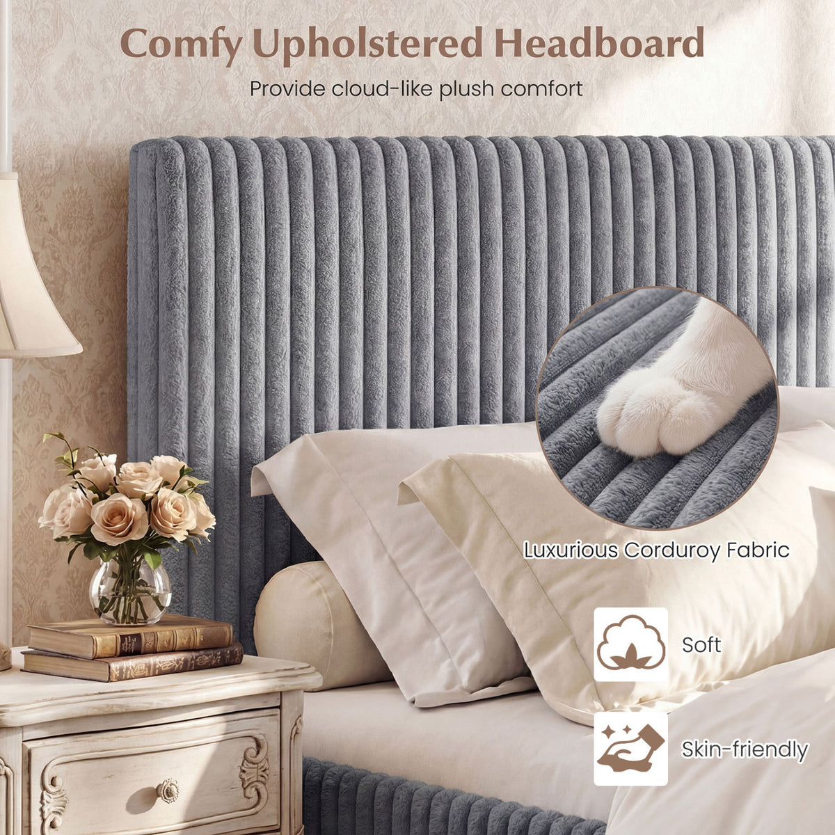 Queen Size Lift-up Storage Bed with Wooden Slat Support-Gray-Simple Bed Frame-DECOROLALA