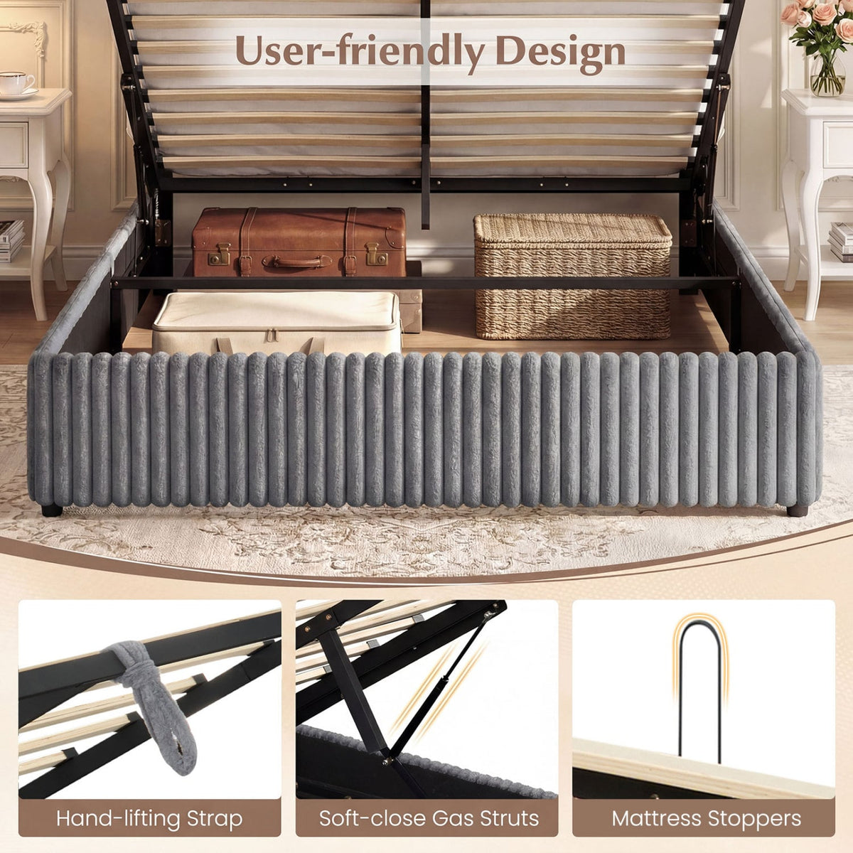 Queen Size Lift-up Storage Bed with Wooden Slat Support-Gray-Simple Bed Frame-DECOROLALA