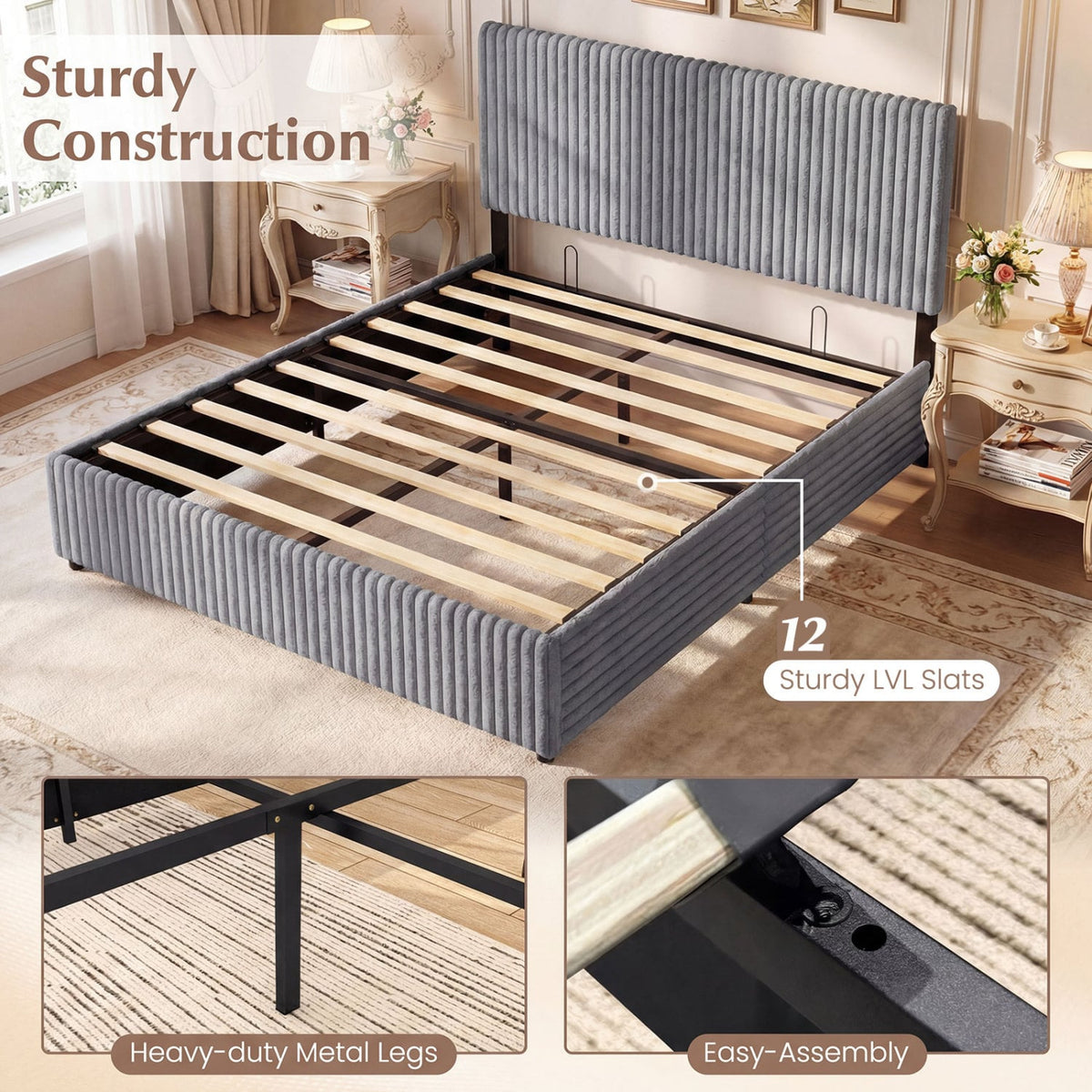 Queen Size Lift-up Storage Bed with Wooden Slat Support-Gray-Simple Bed Frame-DECOROLALA