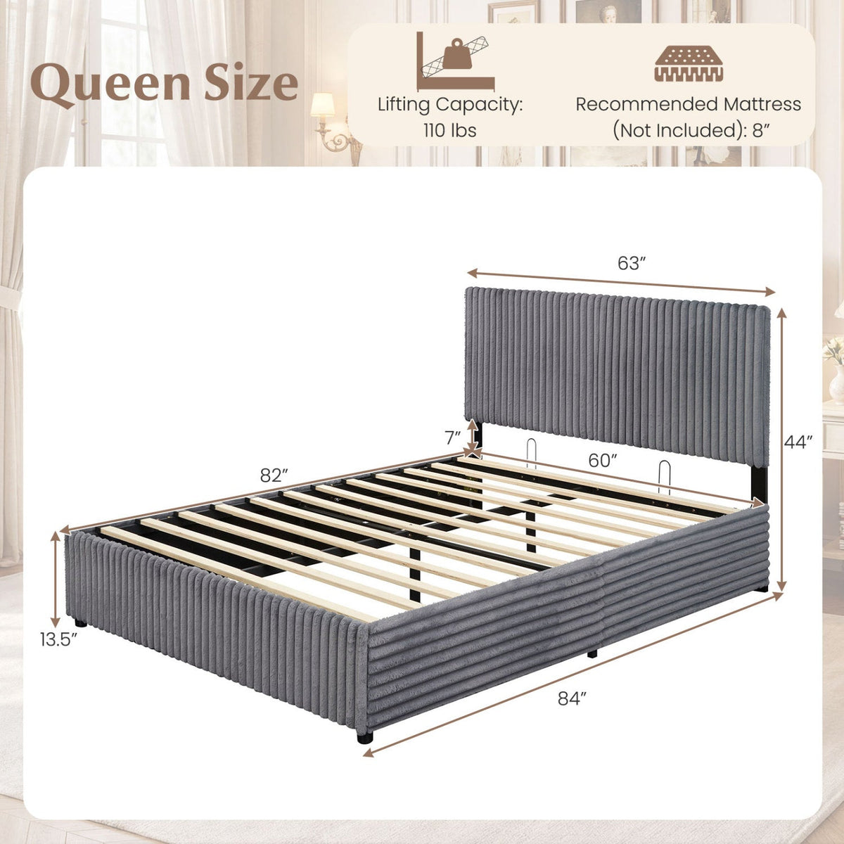Queen Size Lift-up Storage Bed with Wooden Slat Support-Simple Bed Frame-DECOROLALA