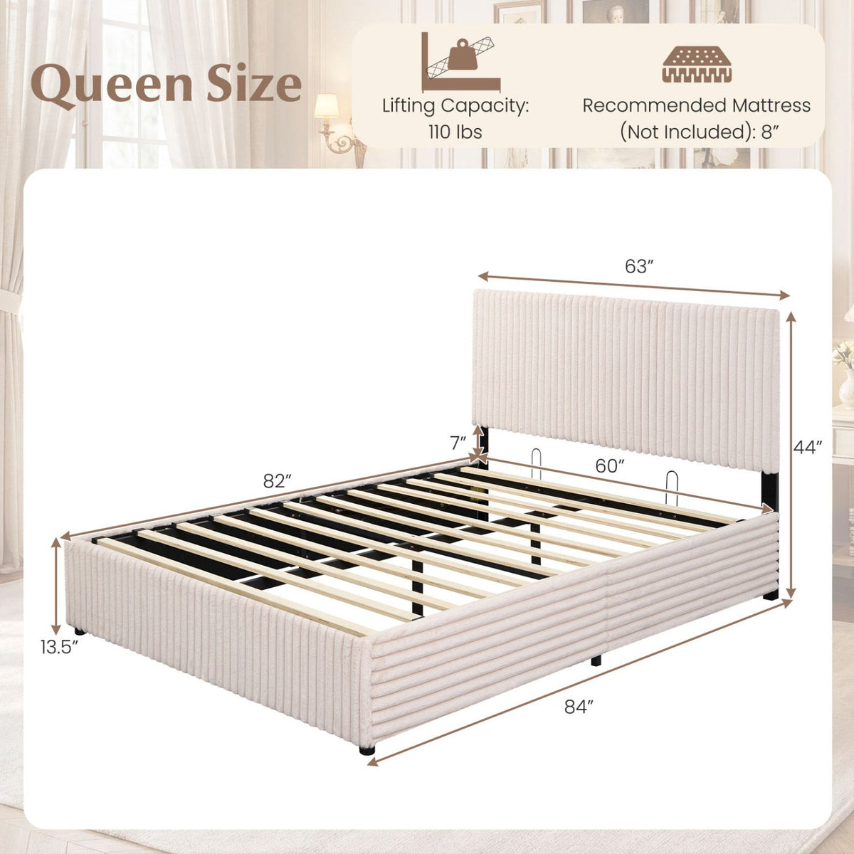 Queen Size Lift-up Storage Bed with Wooden Slat Support-Simple Bed Frame-DECOROLALA