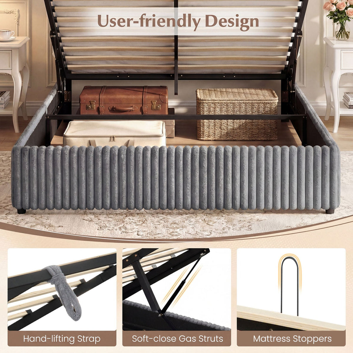 Queen Size Lift-up Storage Bed with Wooden Slat Support-Simple Bed Frame-DECOROLALA