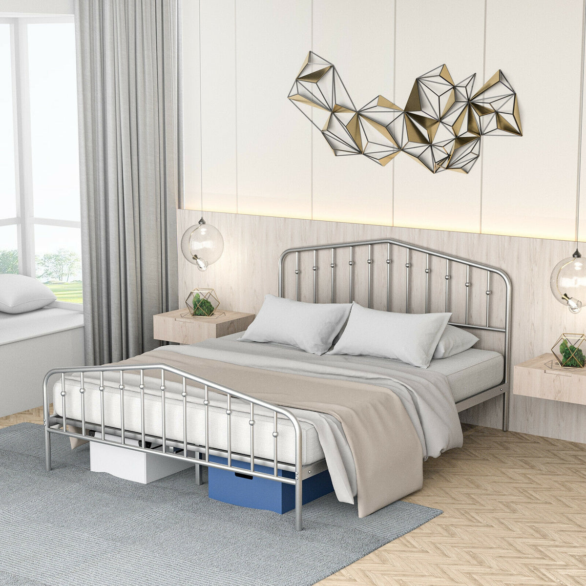 Queen Size Metal Bed Frame Platform Headboard and Footboard with Storage-Silver-Simple Bed Frame-DECOROLALA