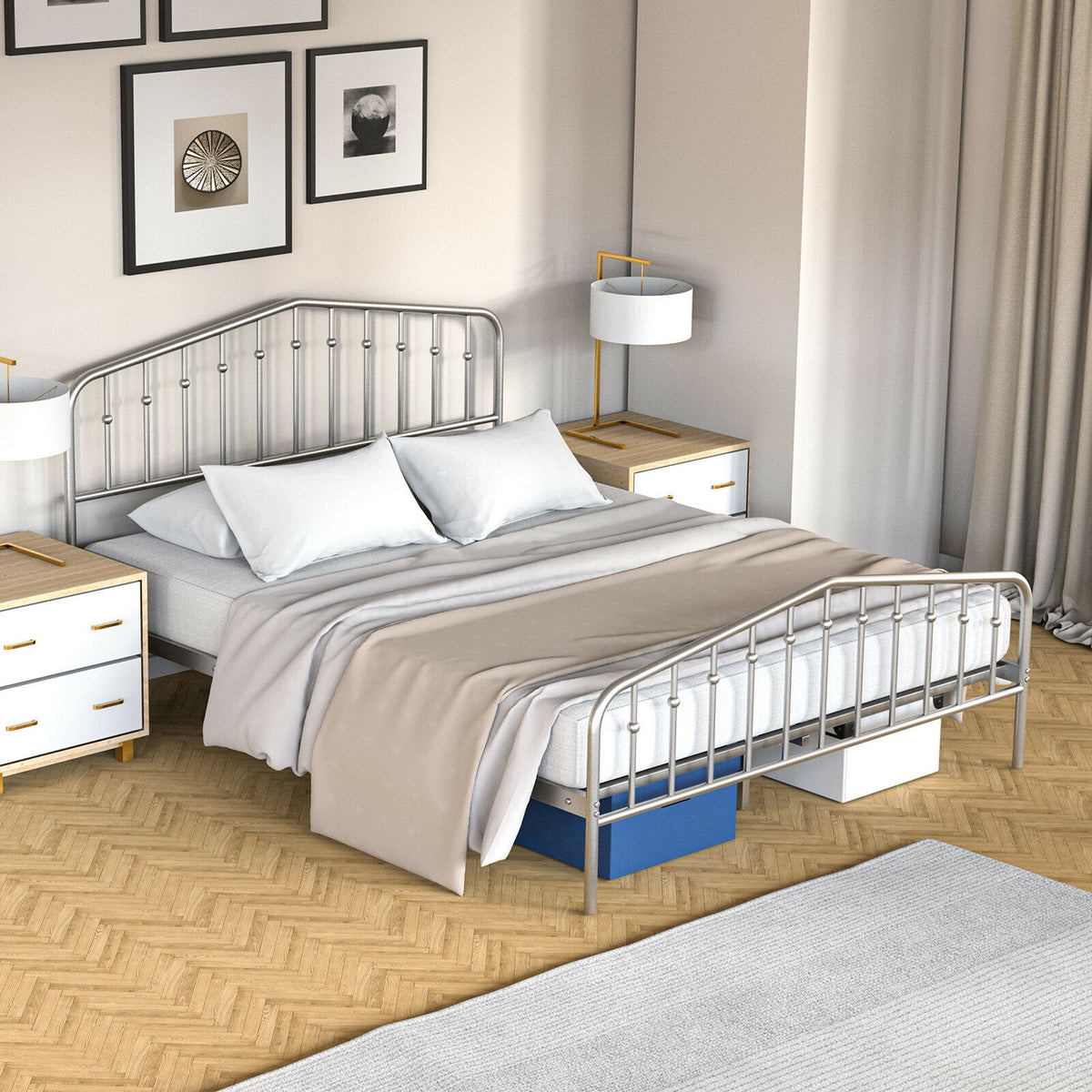 Queen Size Metal Bed Frame Platform Headboard and Footboard with Storage-Silver-Simple Bed Frame-DECOROLALA