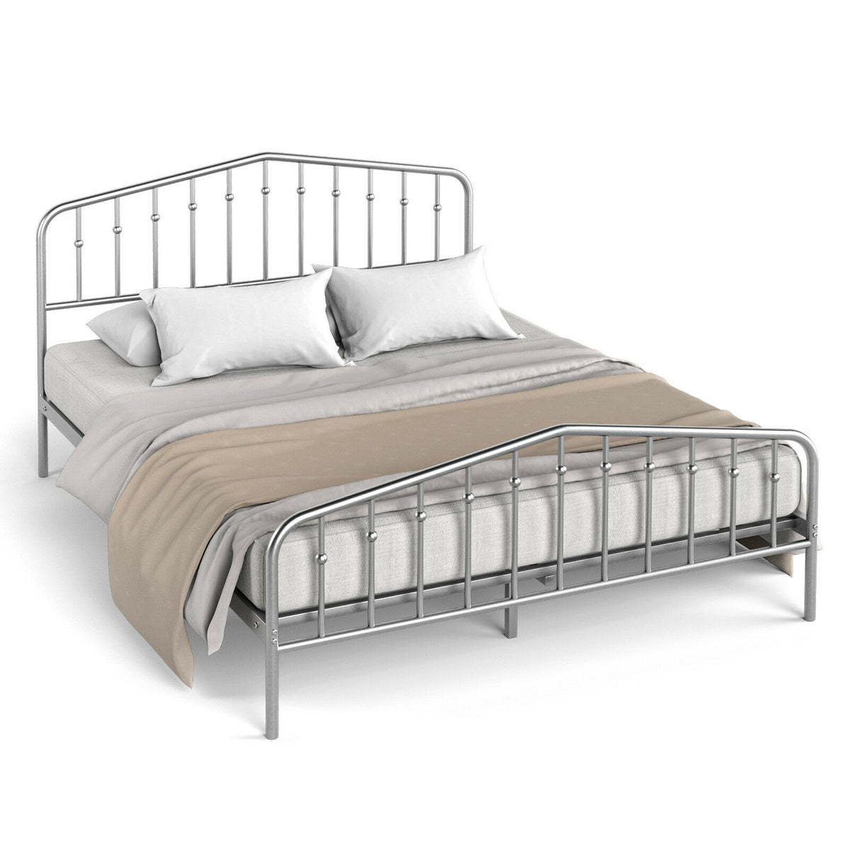 Queen Size Metal Bed Frame Platform Headboard and Footboard with Storage-Silver-Simple Bed Frame-DECOROLALA