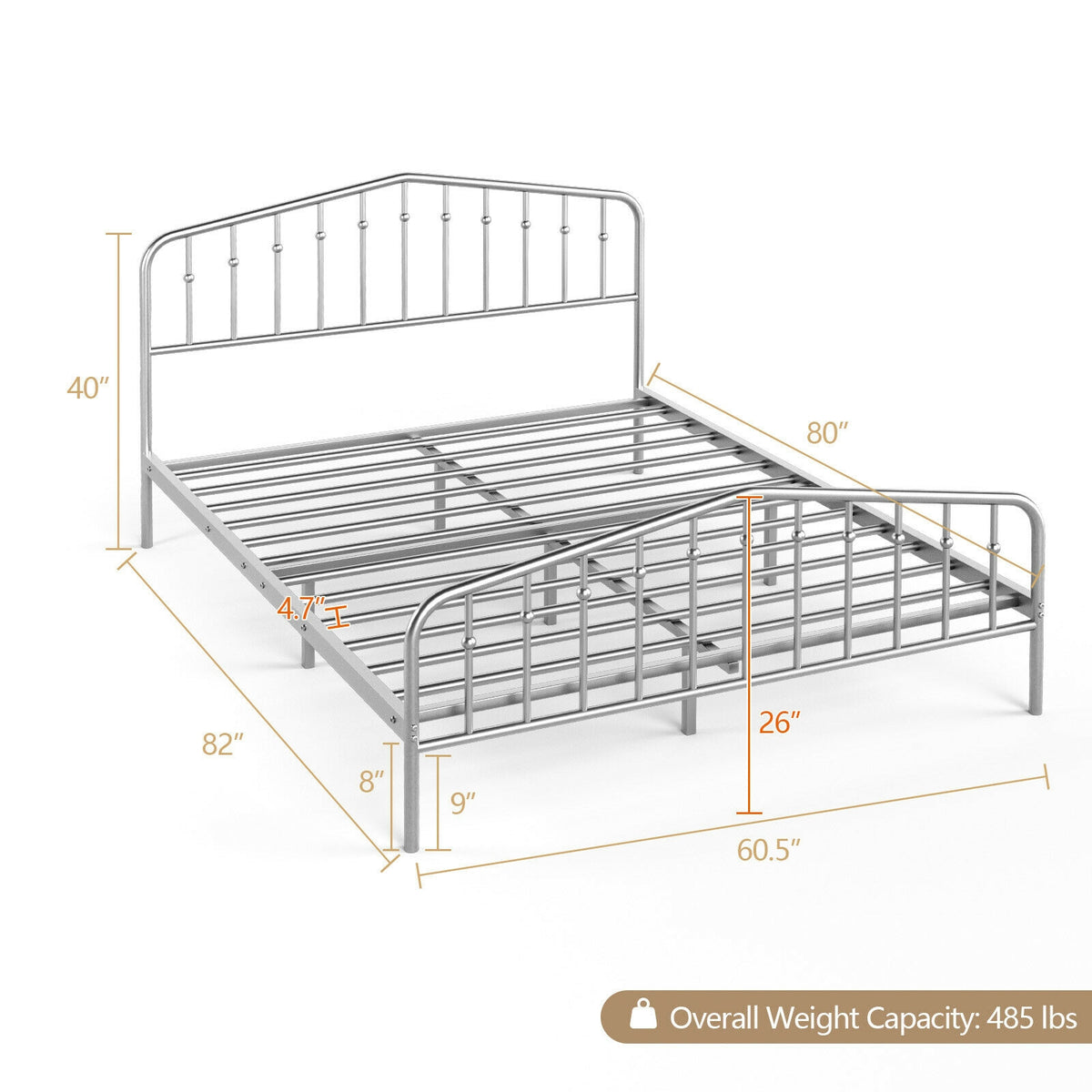Queen Size Metal Bed Frame Platform Headboard and Footboard with Storage-Silver-Simple Bed Frame-DECOROLALA