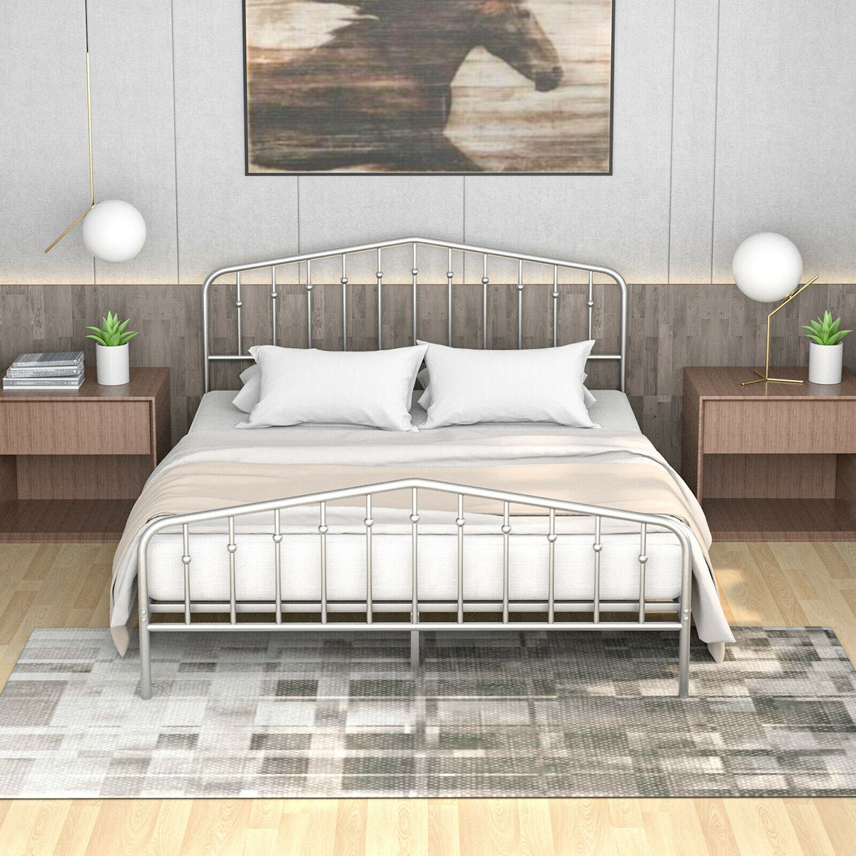 Queen Size Metal Bed Frame Platform Headboard and Footboard with Storage-Silver-Simple Bed Frame-DECOROLALA